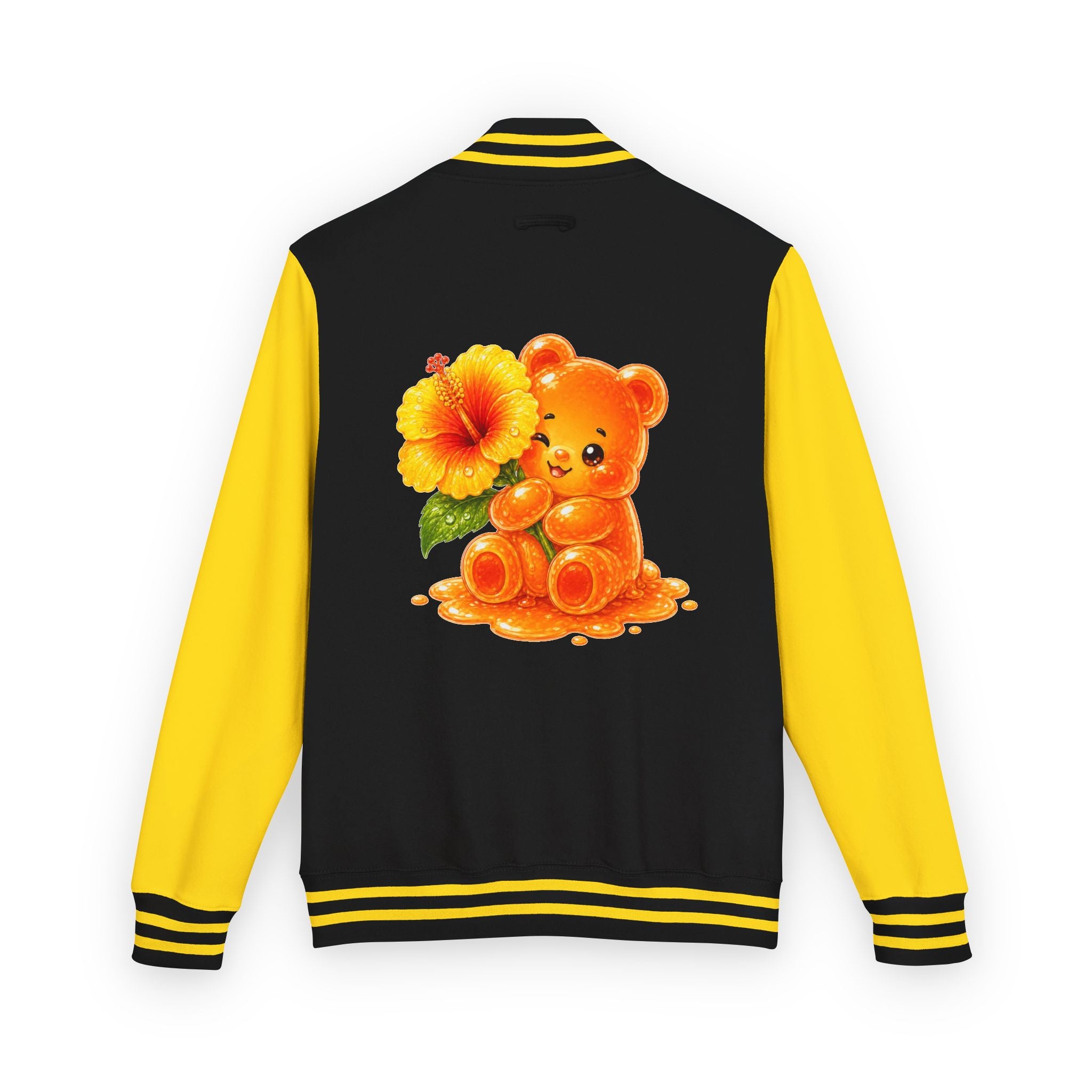 Golden Hibiscus, Yellow Gooey Gummy Bear Friend- Kawaii Varsity Jacket