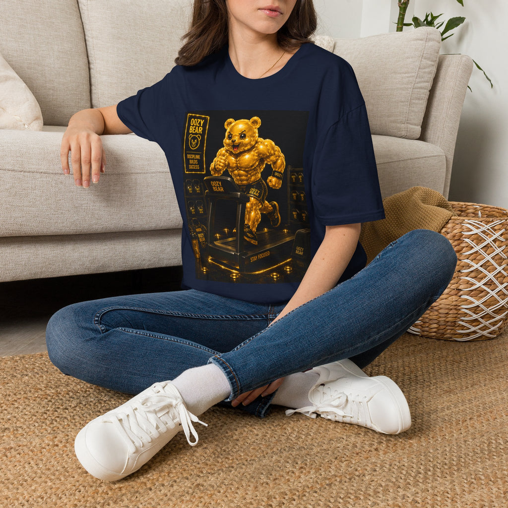 Running The Treadmill, Golden Yellow Oozy Buff Bear Workout- Adult Graphic Shirt
