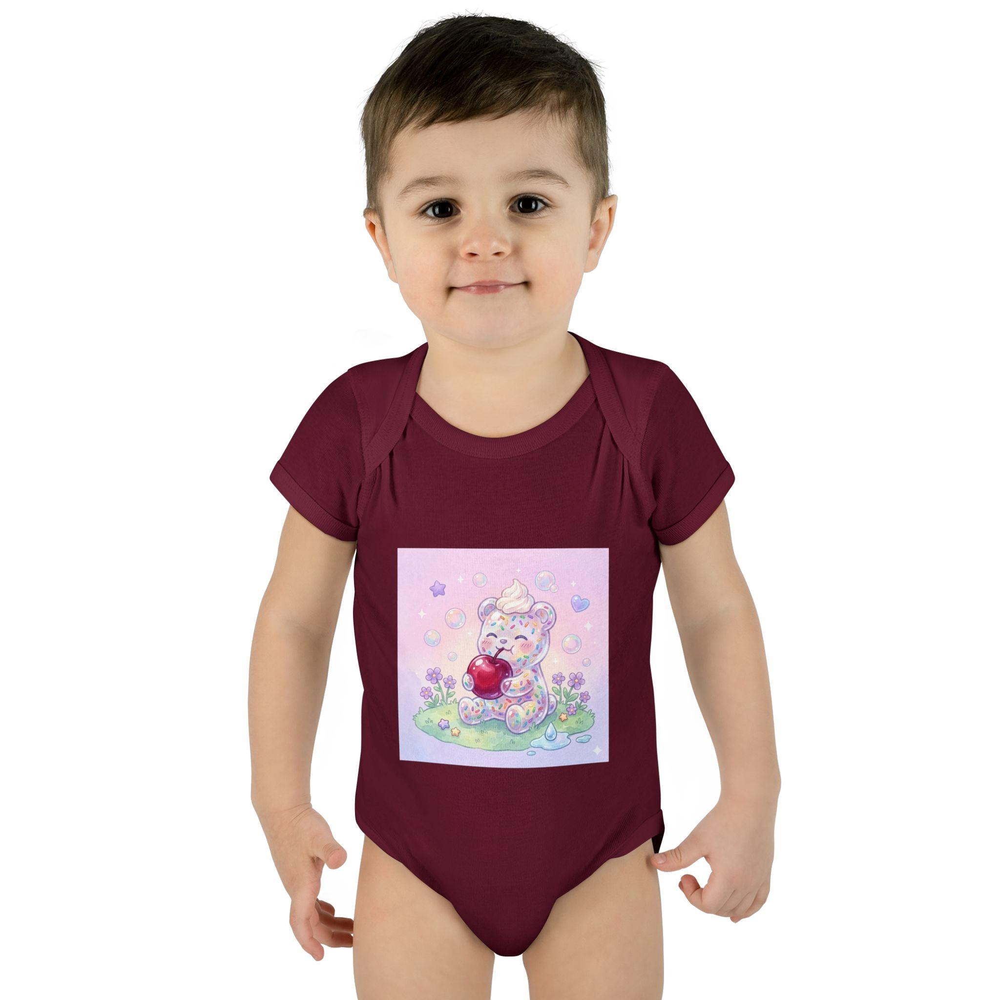 Gooey Gummy Birthday Sprinkles Cake bear eating a Cherry- Infant Onesie