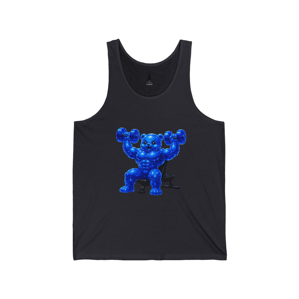 Weight Lifting, Deep Blue Oozy Buff Bear Gummy Gym Addition- Adult Graphic Tank Top