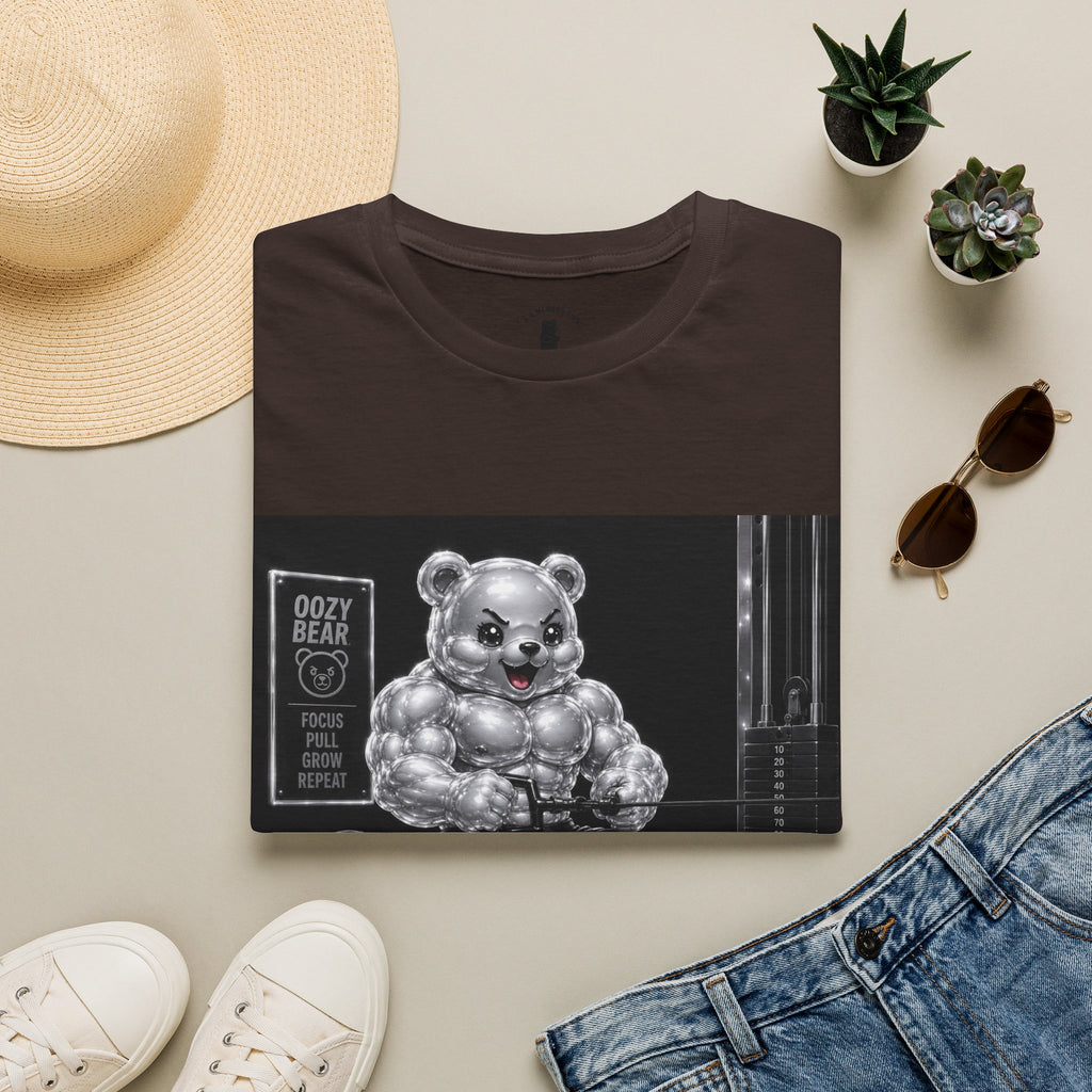 Working on the Bench, Silver Oozy Buff Bear Gummy Gym Addition- Adult Graphic Shirt
