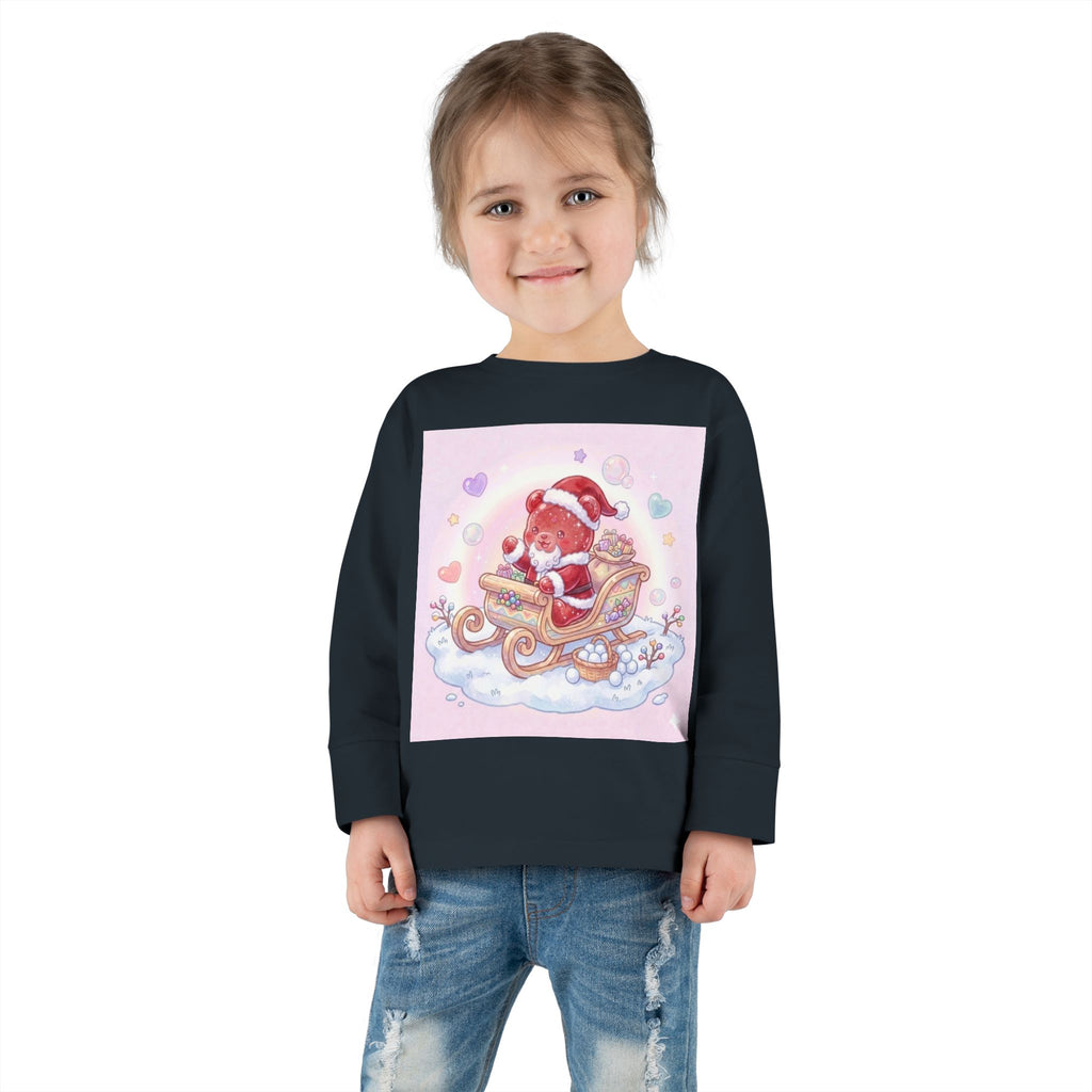 Cute Santa Oozy Bear in Sleigh Christmas- Graphic Long Sleeve Shirt