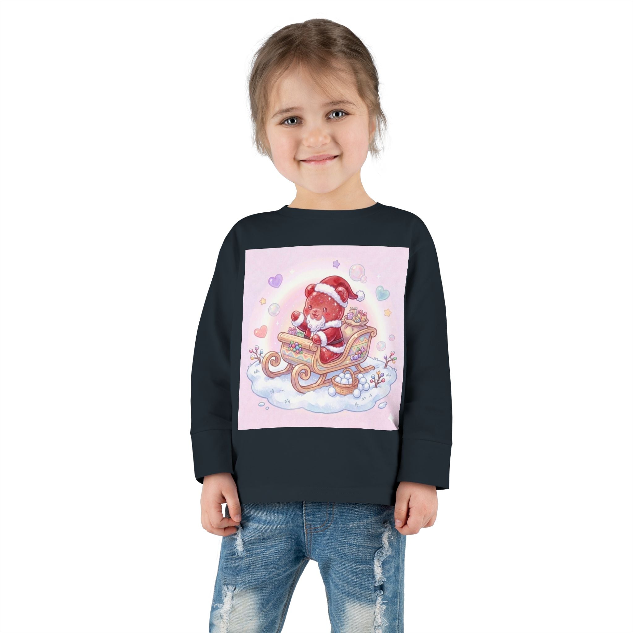 Cute Santa Oozy Bear in Sleigh Christmas- Graphic Long Sleeve Shirt