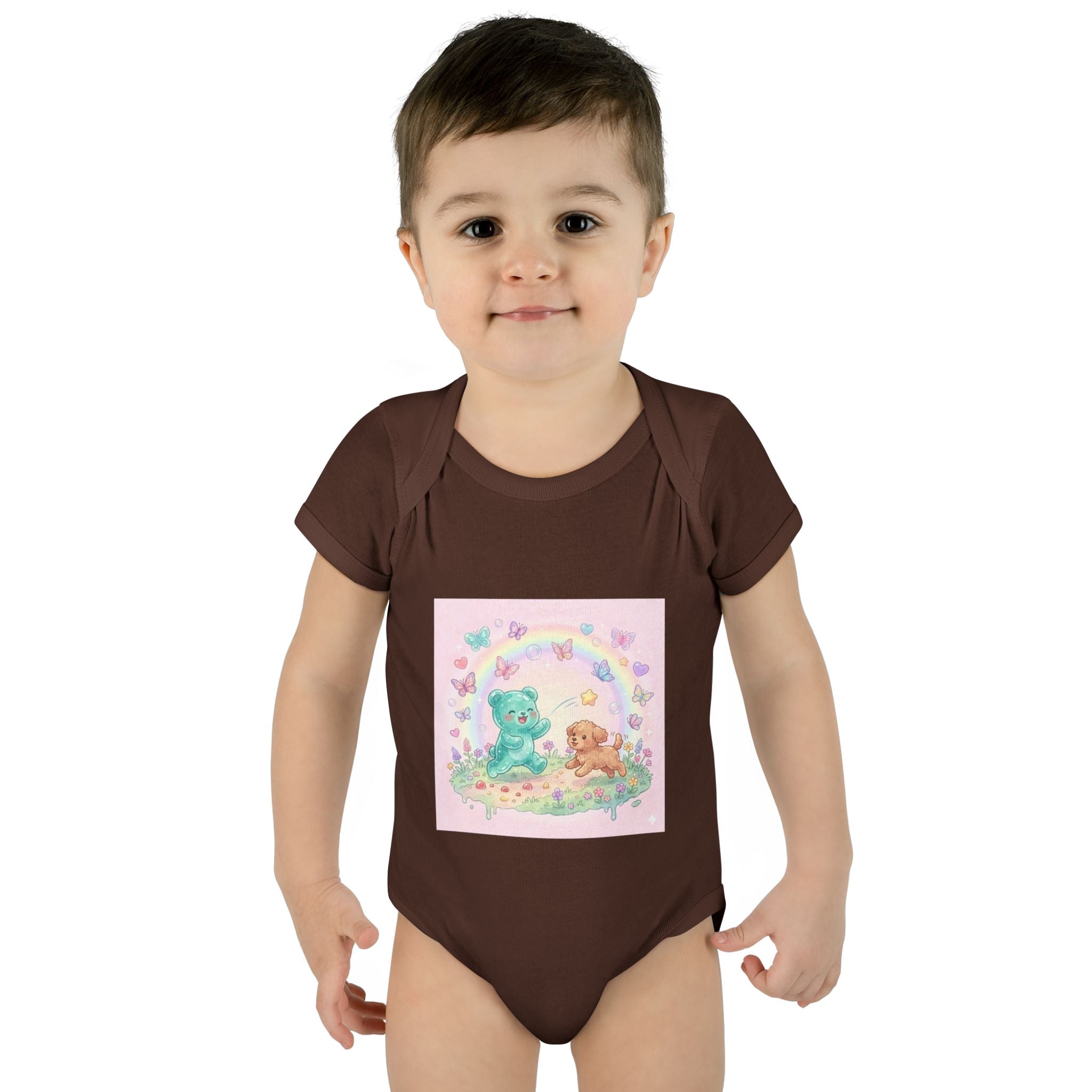Gooey Gummy Playing Fetch with Puppy, Cute Infant Onesie