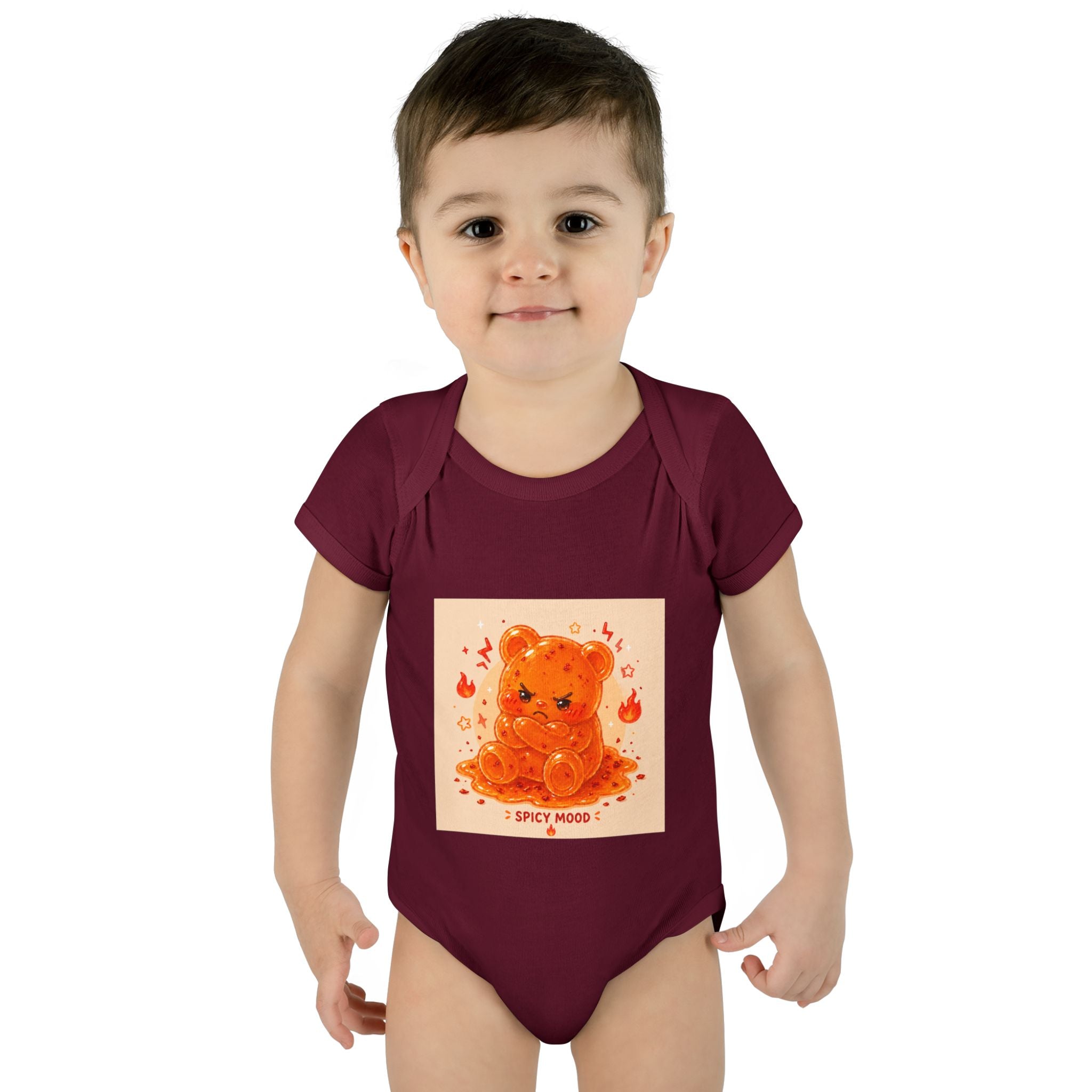 Spicy Mood Orange Gooey Gummy Bear Bodysuit — Cute Hot Pepper Bear Baby Onesie