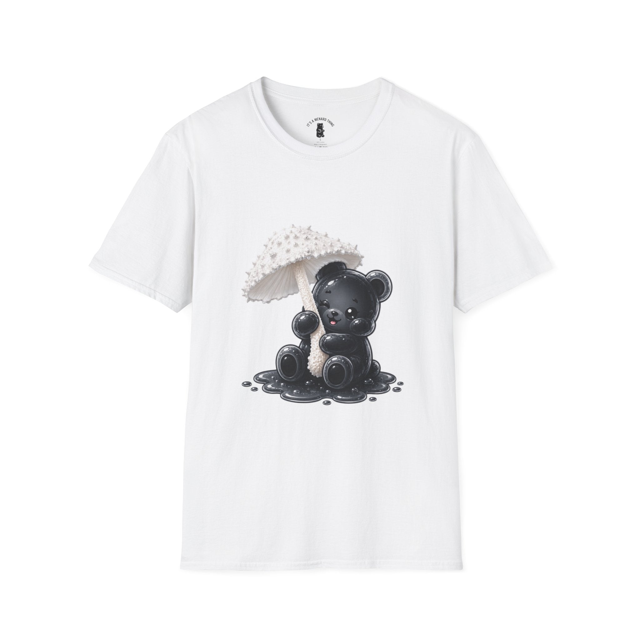 Beautiful Veiled White Mushroom, Black Oozy Bear Gummy Friend- Graphic Shirt