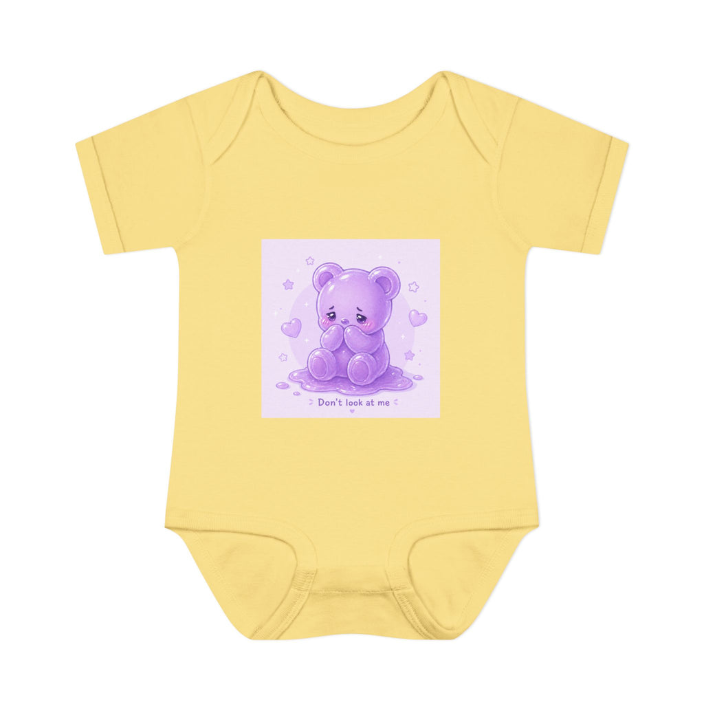 Purple Gooey Gummy Shy bear Baby Bodysuit - "Don't Look at Me" Cute Infant Onesie