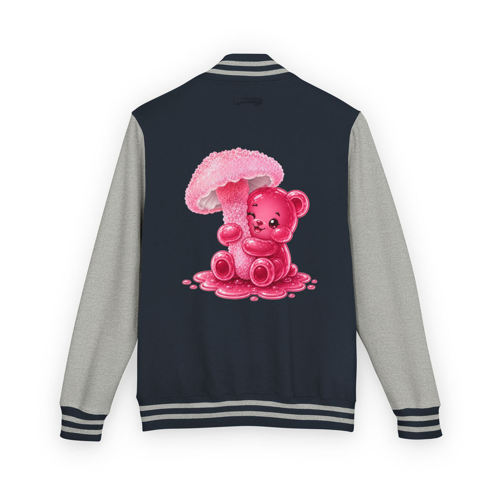 Pretty Pink Mushroom, Gooey Gummy Bear Friend —  Kawaii Graphic Varsity Jacket