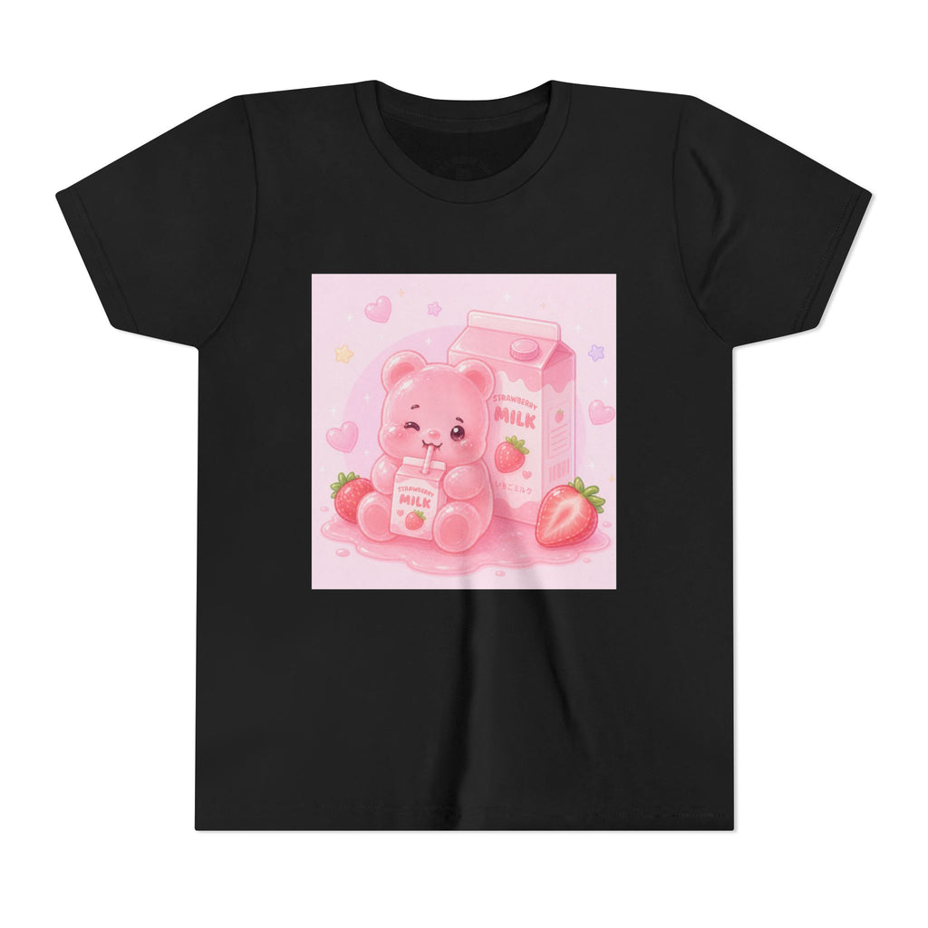 Kids' Pink Strawberry Milk Gooey Gummy Bear— Cute Youth Short Sleeve Shirt