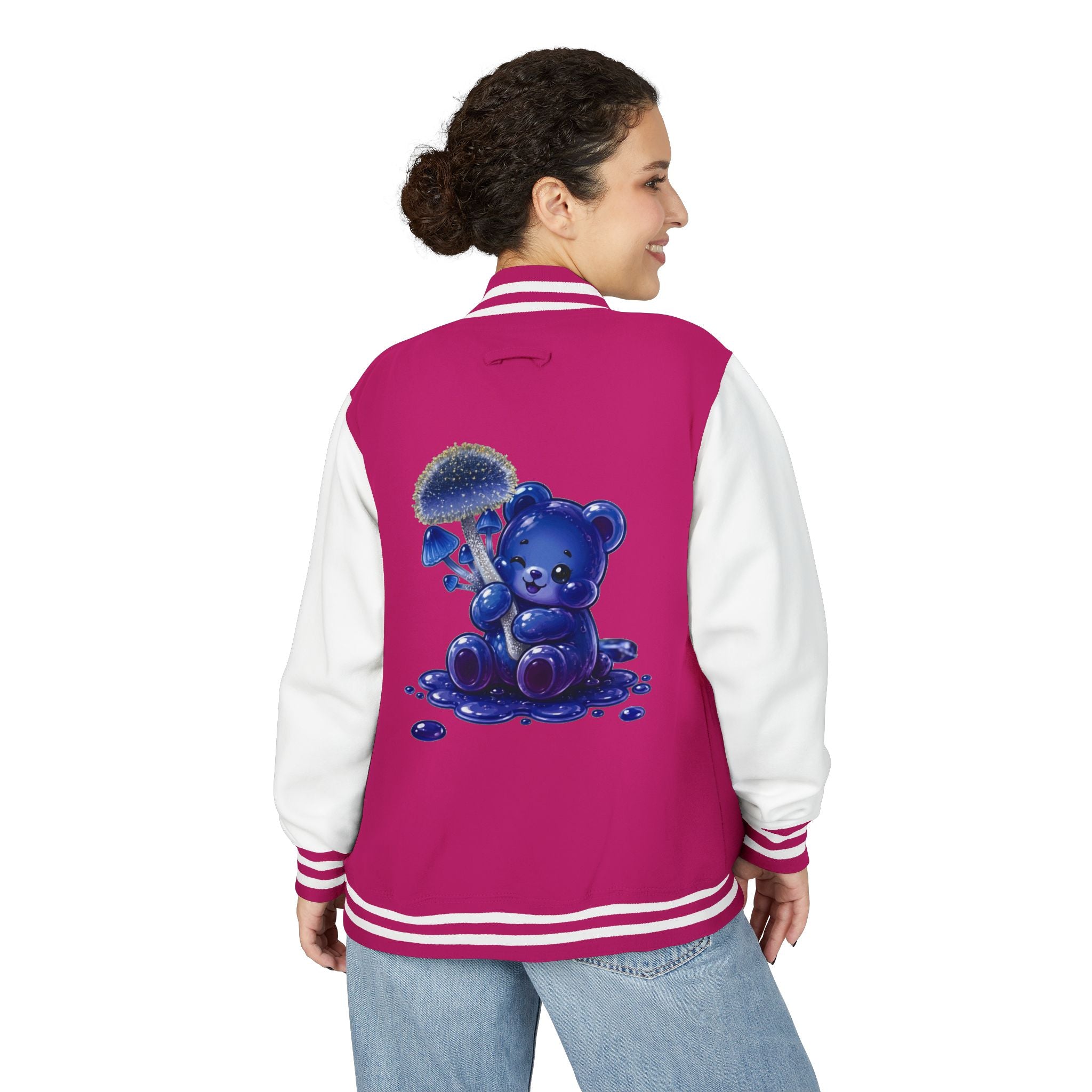 Sparkling Blue Mushroom Cluster, Oozy Bear Friends- Letterman Graphic Jacket