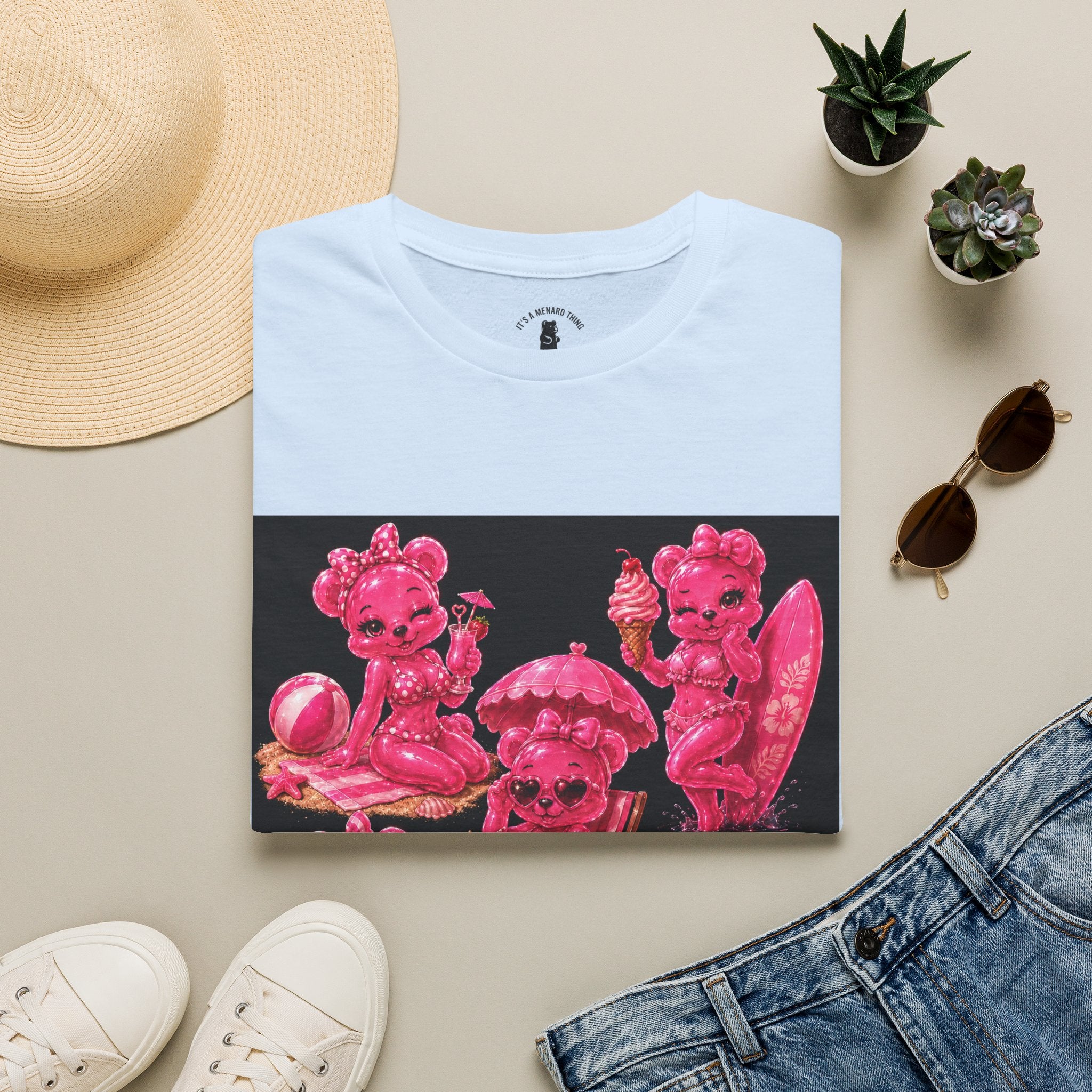 Retro Pink Pin Up Beach Oozy Bear Babe Gummy- Adult Graphic Shirt (+18)