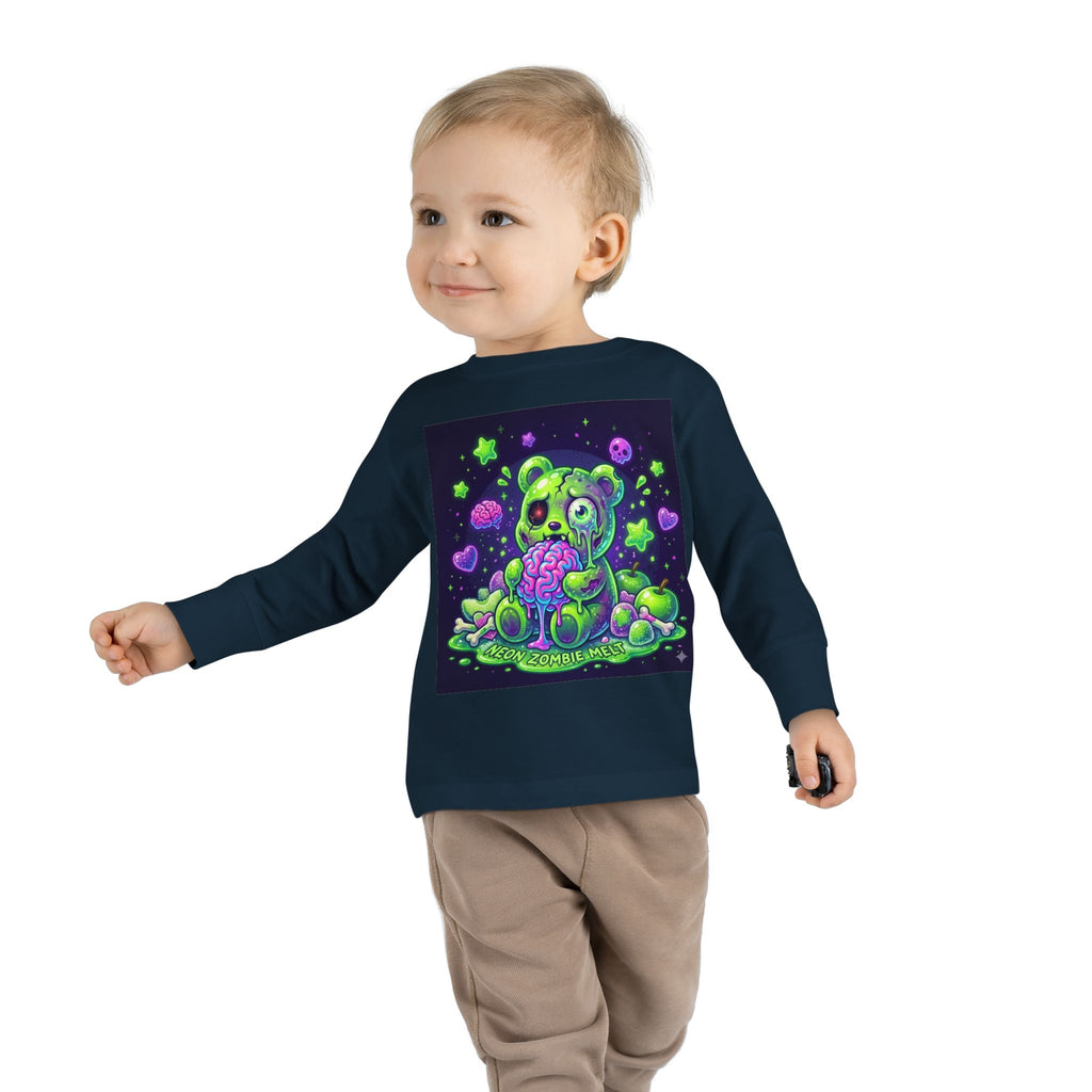 Neon Zombie Oozy Bear Gummy Halloween Addition- Kids Graphic Long Sleeve Shirt