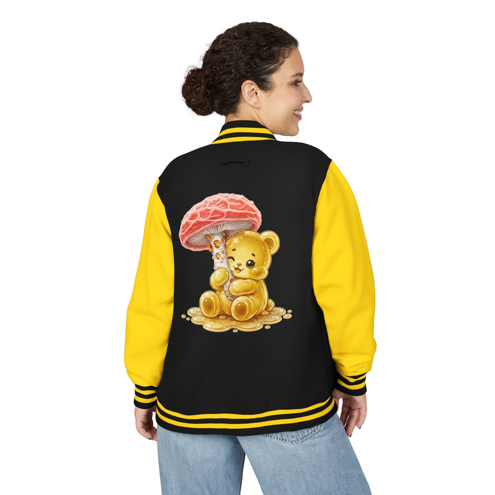 Special Orange Mushroom, Yellow Oozy Gummy Bear- Letterman Graphic Jacket
