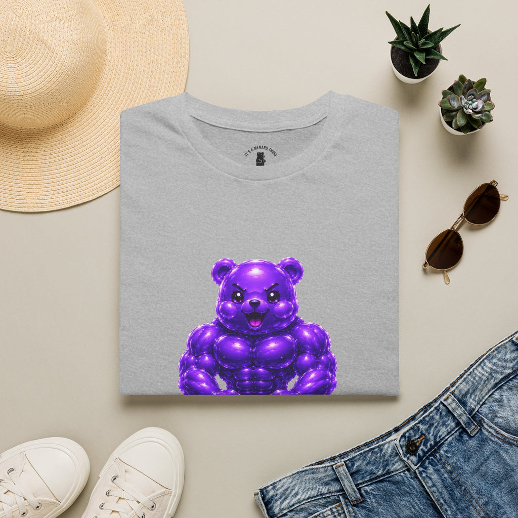 Brawny Violet Oozy Buff Bear with Kettleball Weight- Adult Graphic Shirt (18+)