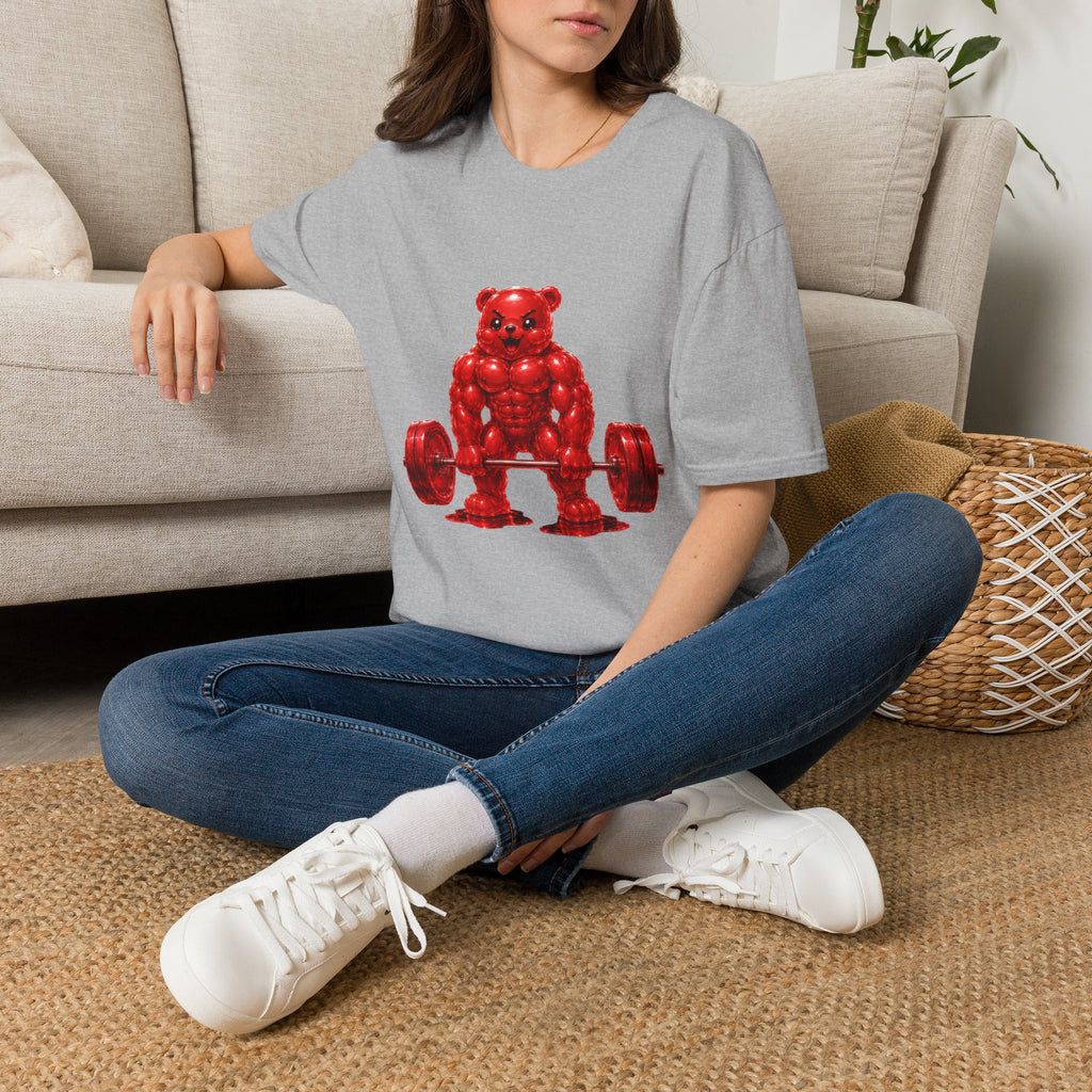 Heavy Bar Workout, Red Oozy Buff Bear Gym Gummy- Adult Graphic Shirt (18+)
