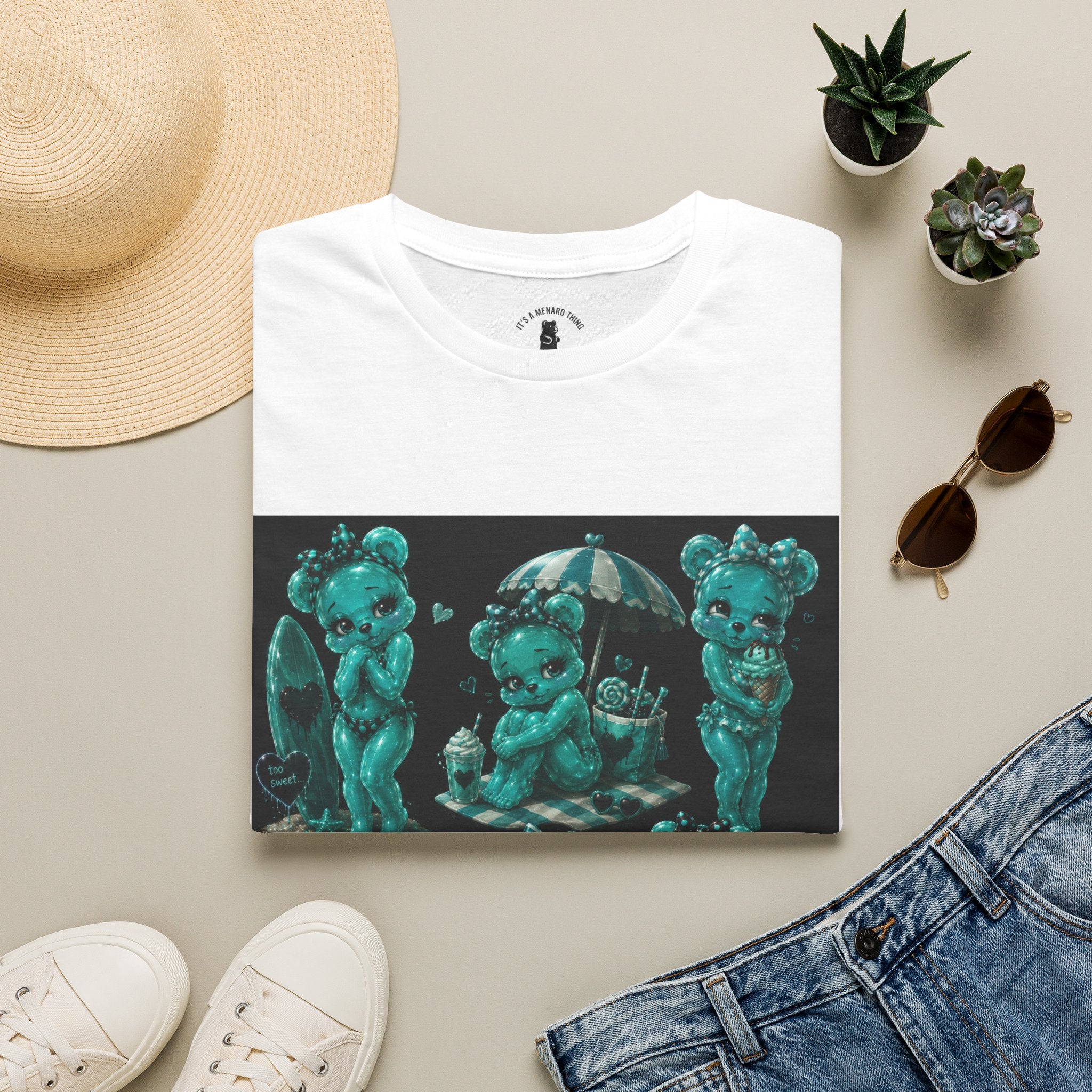 Kawaii Shy Teal Beach Babe Oozy Bear Gummy Pin Up- Adult Graphic Shirt (18+)