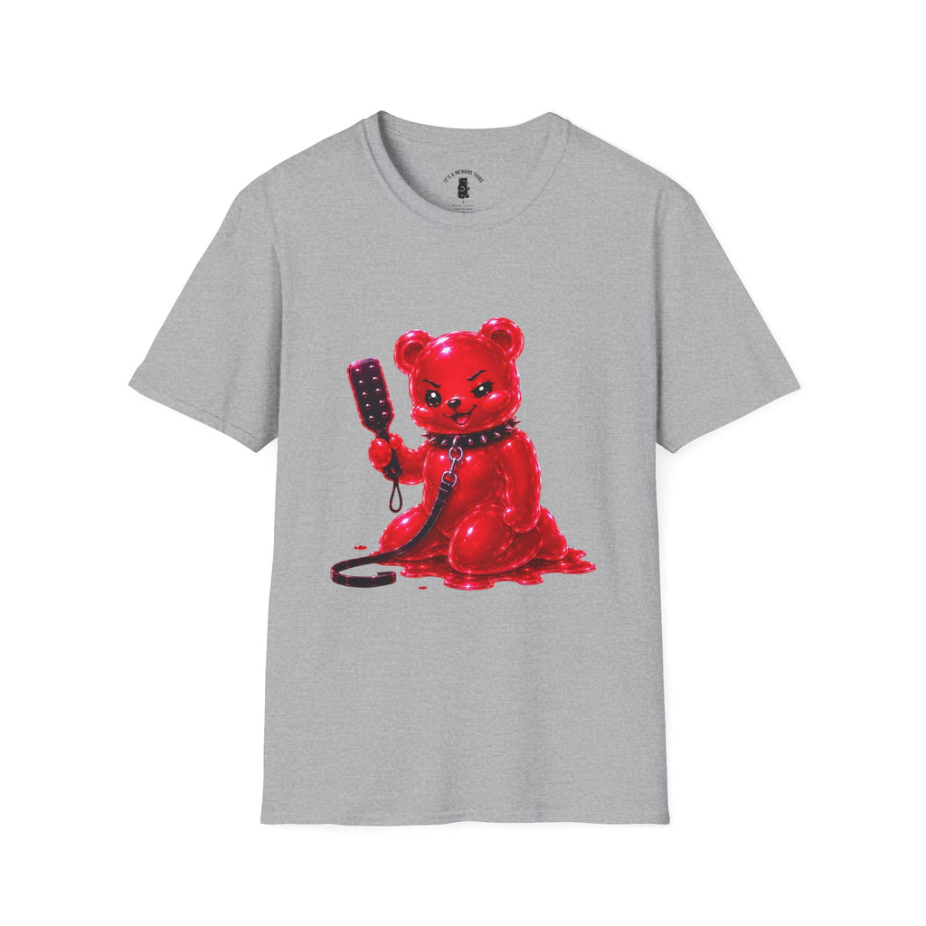 Crimson Red Oozy Bear Gummy Freak with Spank Paddle- Graphic Shirt (Adult Only!)