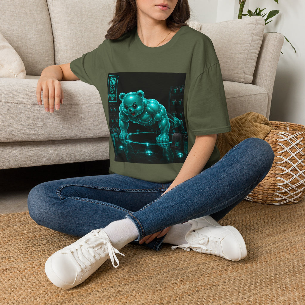 Neon Fitness Push Ups, Teal Oozy Buff Bear Gummy Gym Addition- Adult Graphic Shirt
