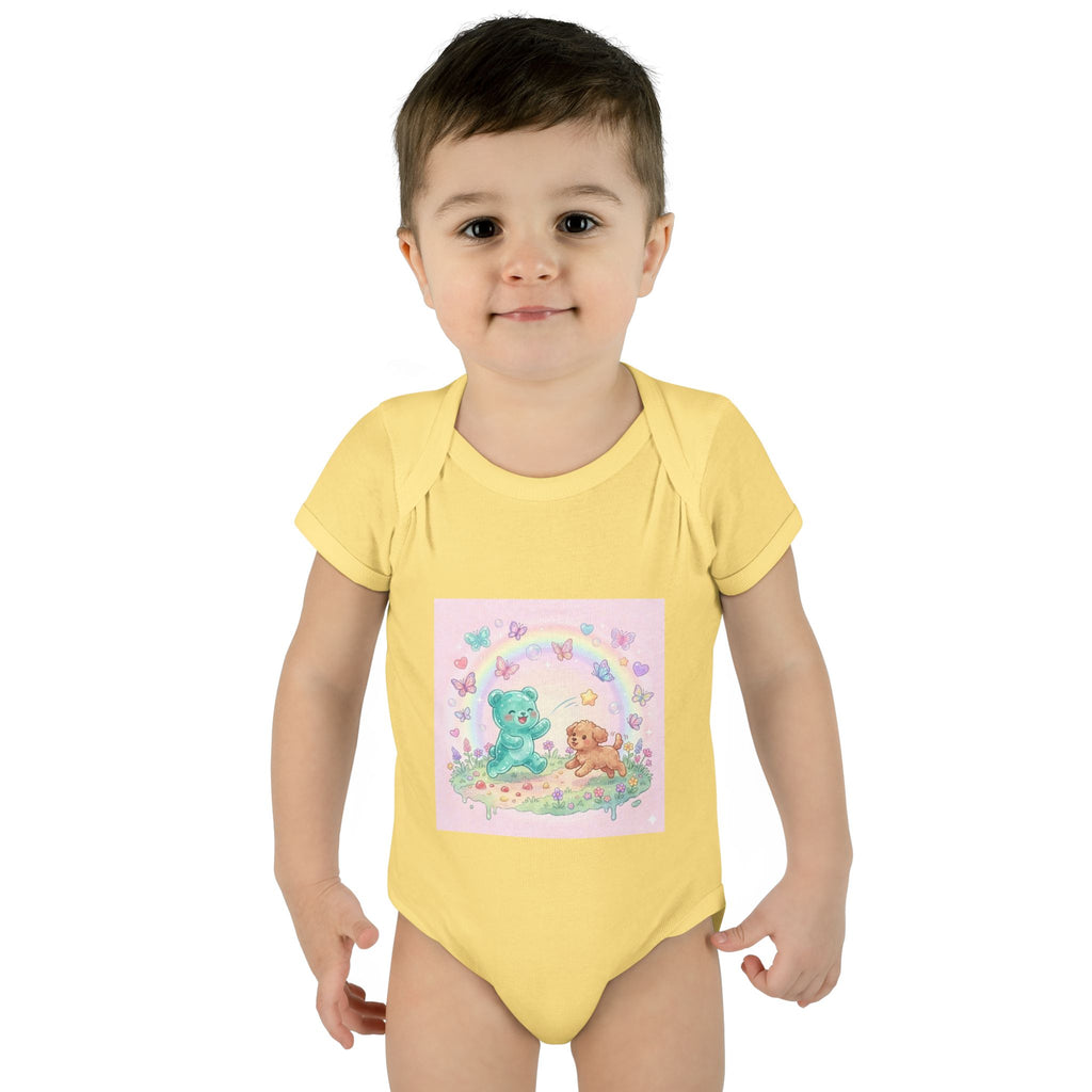 Gooey Gummy Playing Fetch with Puppy, Cute Infant Onesie