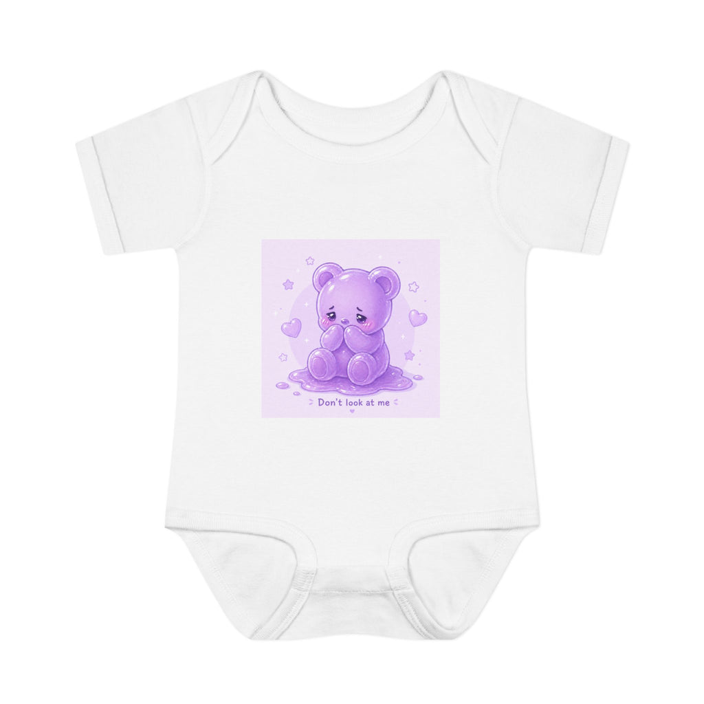 Purple Gooey Gummy Shy bear Baby Bodysuit - "Don't Look at Me" Cute Infant Onesie