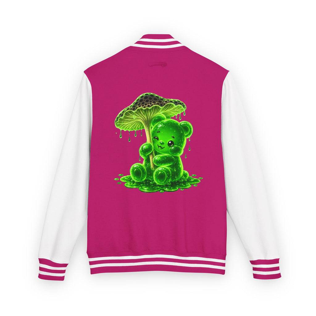 Glowing Green Mushroom, Gooey Gummy Bear Friend — Kawaii Graphic Varsity Jacket