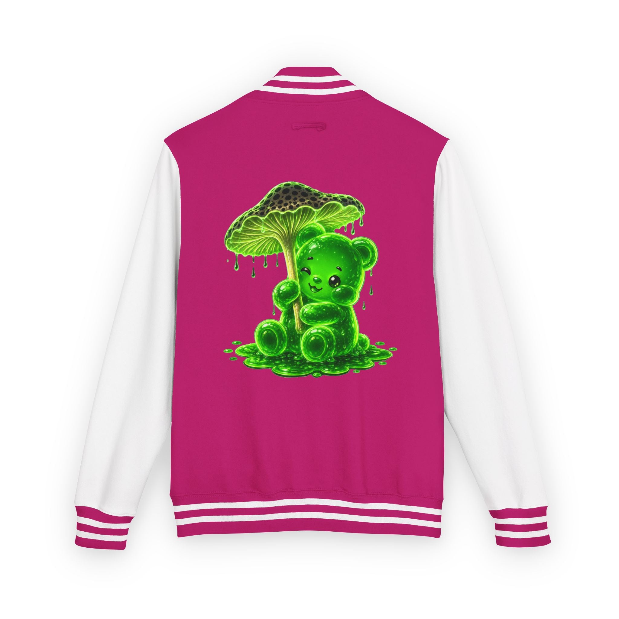 Glowing Green Mushroom, Gooey Gummy Bear Friend — Kawaii Graphic Varsity Jacket
