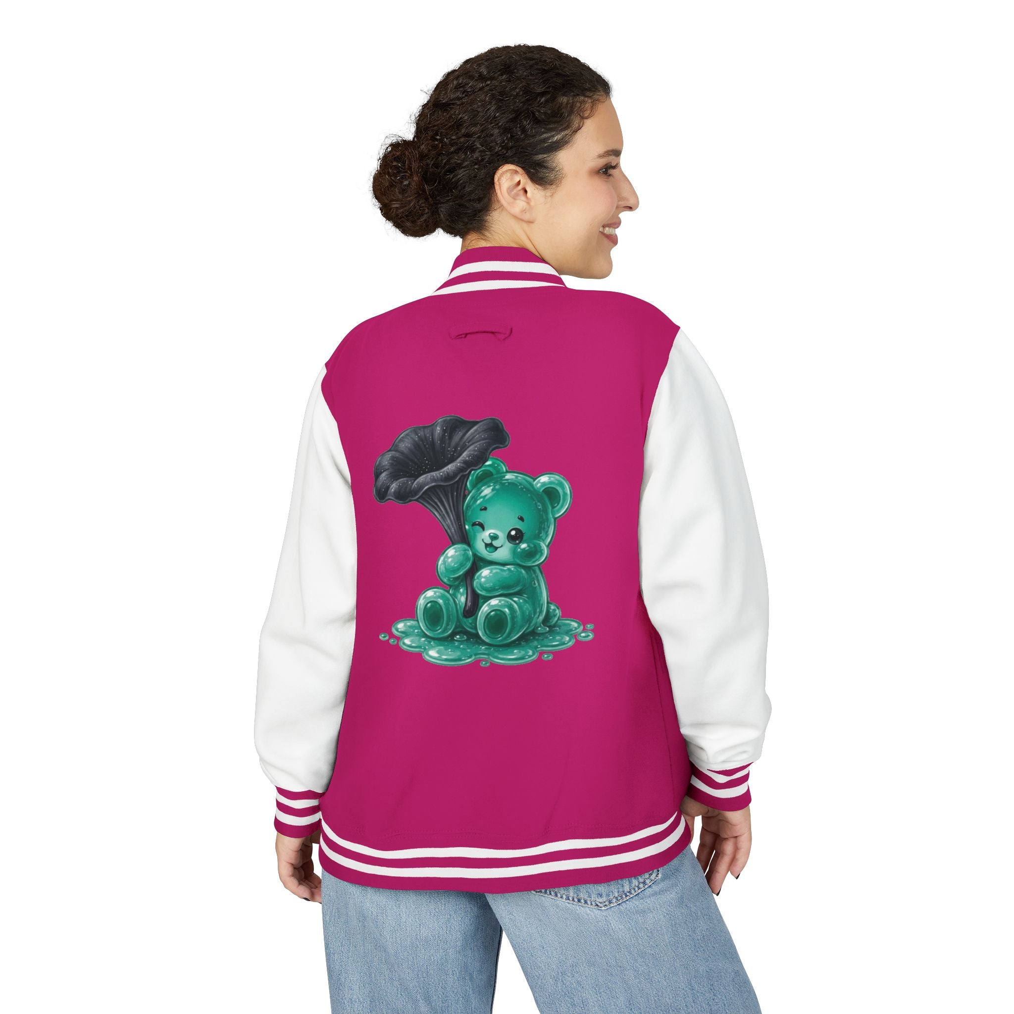 Black Trumpet Mushroom, Teal Oozy Bear Gummy Friend- Letterman Graphic Jacket