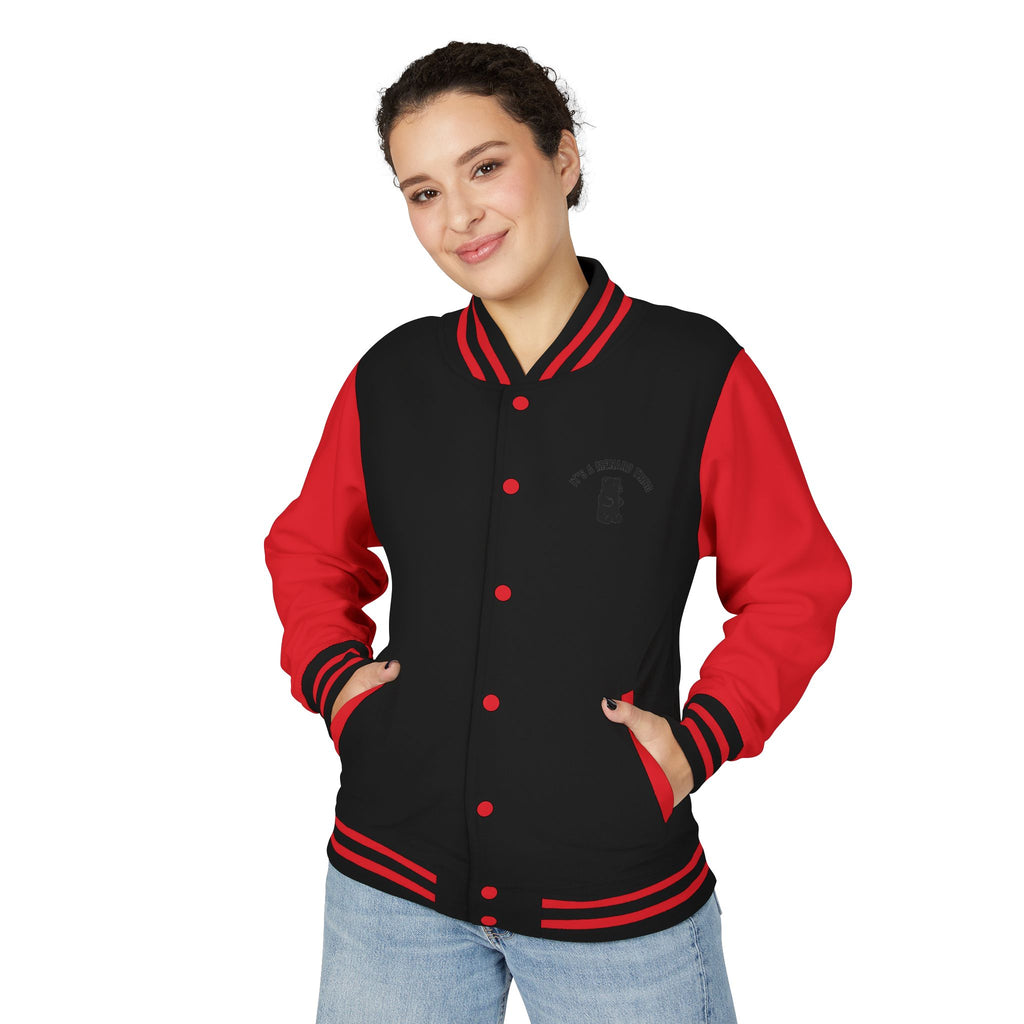 Golden Hibiscus, Yellow Gooey Gummy Bear Friend- Kawaii Varsity Jacket