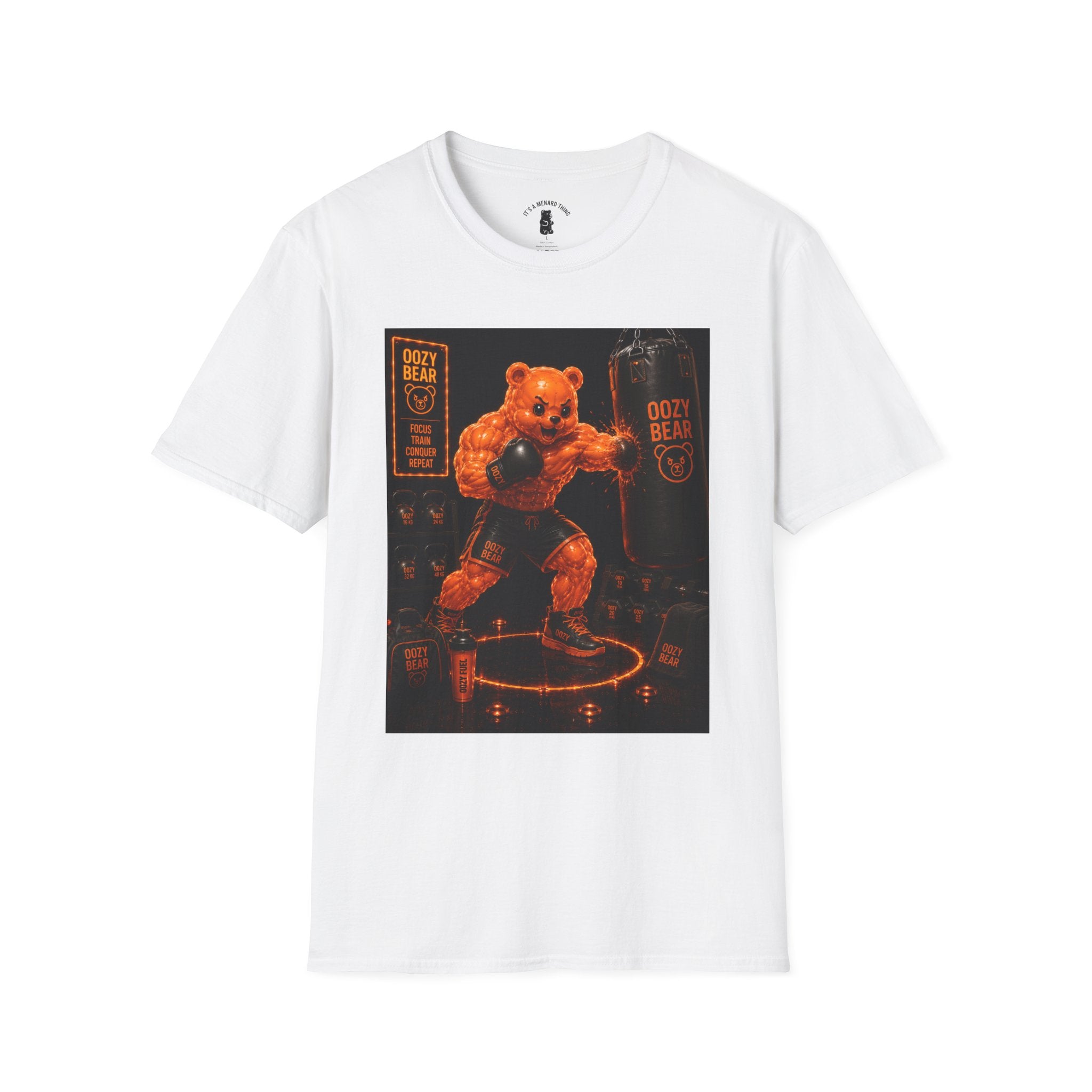 Retro Fighting Ring Workout, Orange Oozy Buff Bear Gummy Gym Addition- Adult Graphic Shirt