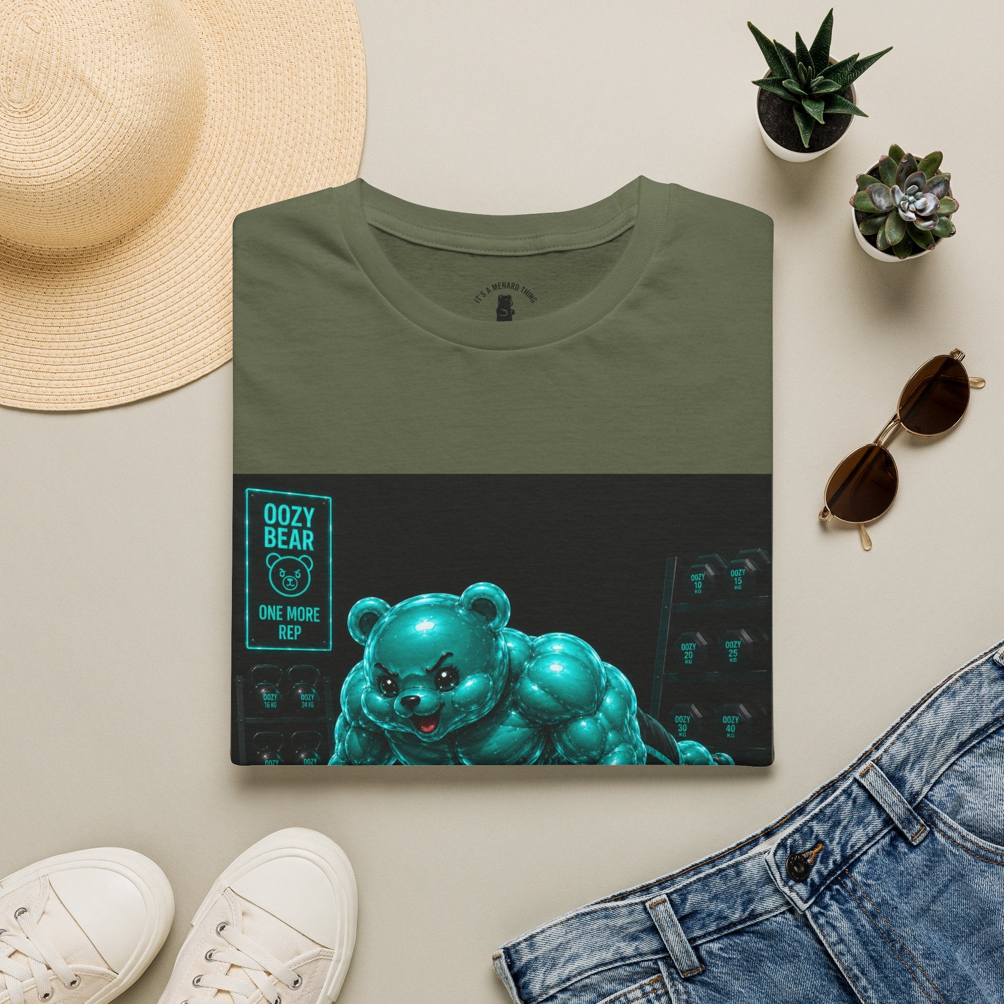 Neon Fitness Push Ups, Teal Oozy Buff Bear Gummy Gym Addition- Adult Graphic Shirt