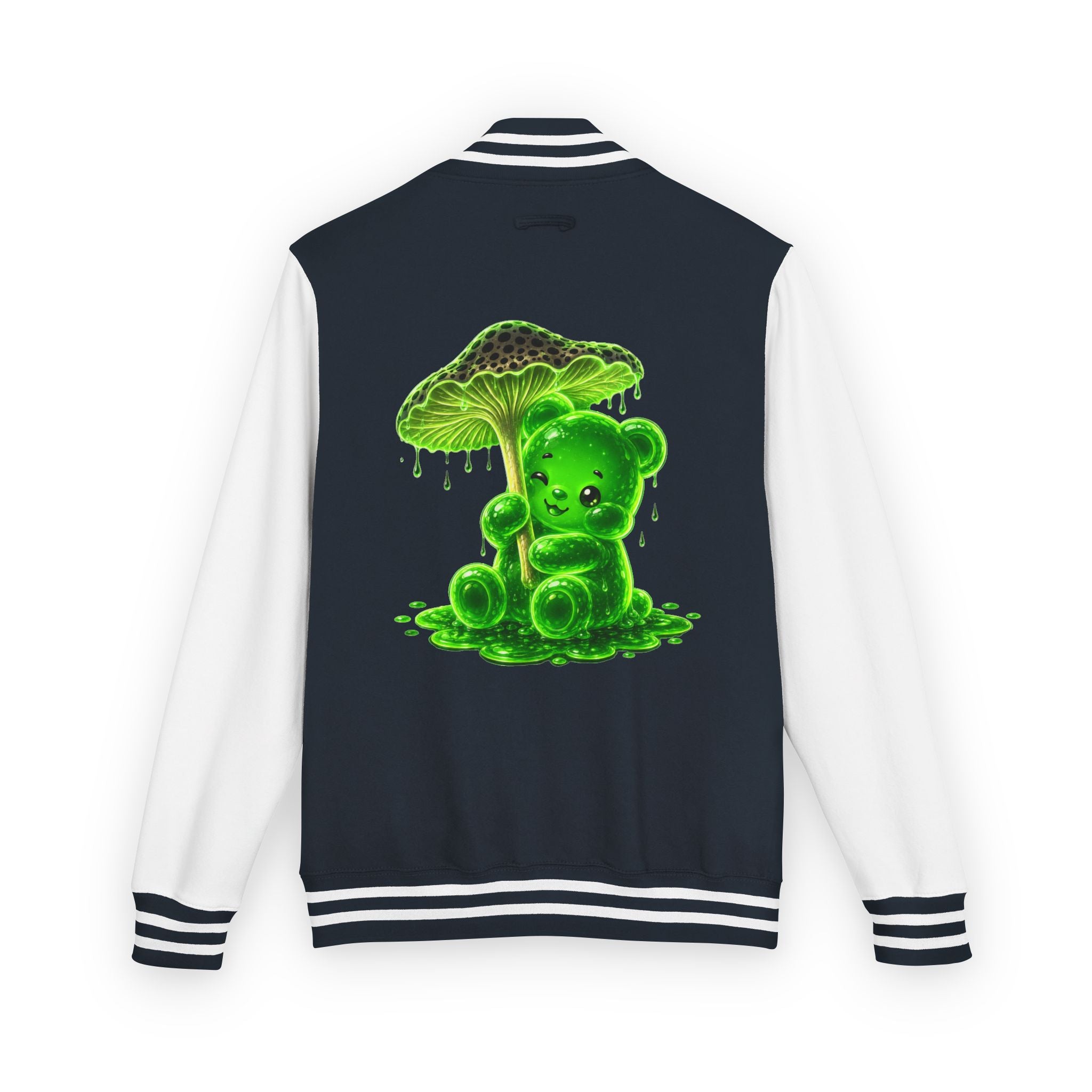 Glowing Green Mushroom, Gooey Gummy Bear Friend — Kawaii Graphic Varsity Jacket