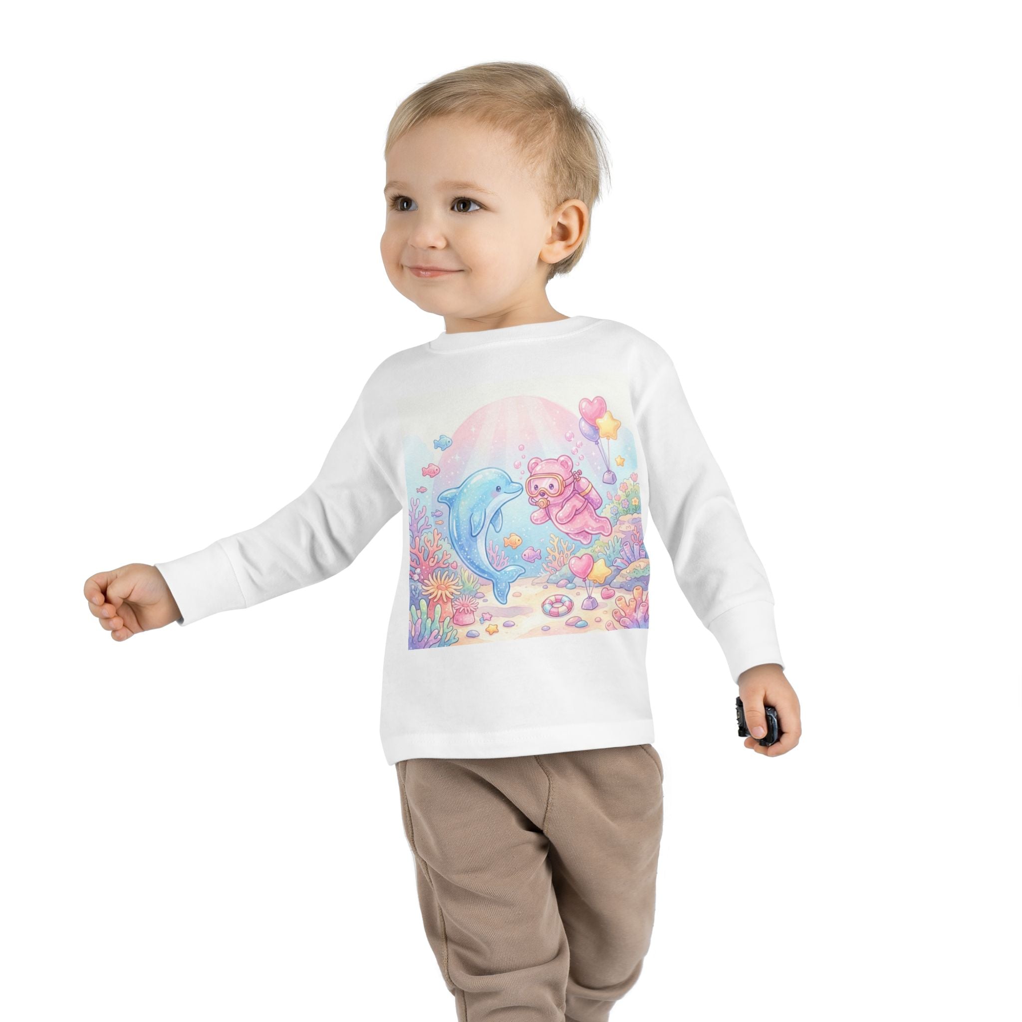 Cute Dolphin & Scuba Oozy Bear Pastel Underwater Friends- Graphic Long Sleeve Shirt