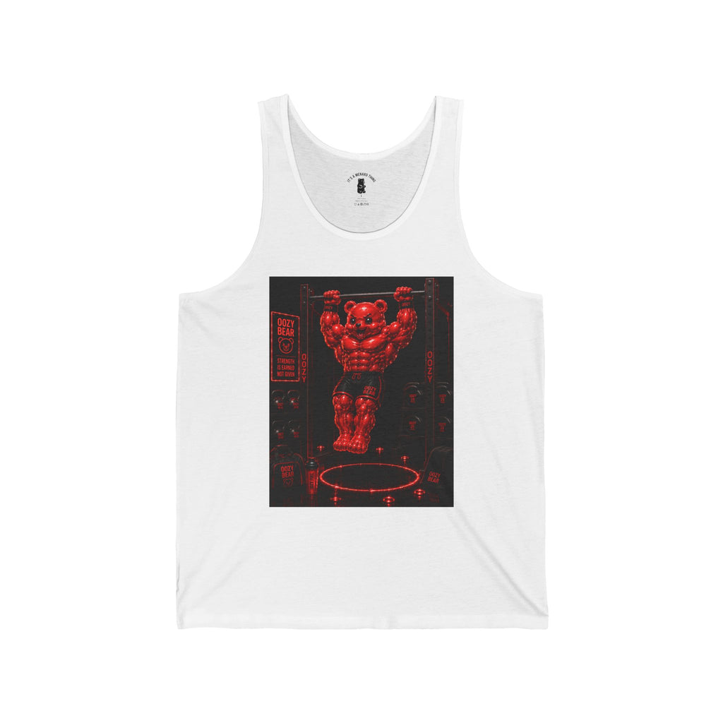 Bar lifting Workout, Crimson Oozy Buff Bear Gummy Gym Addition- Adult Graphic Tank Top