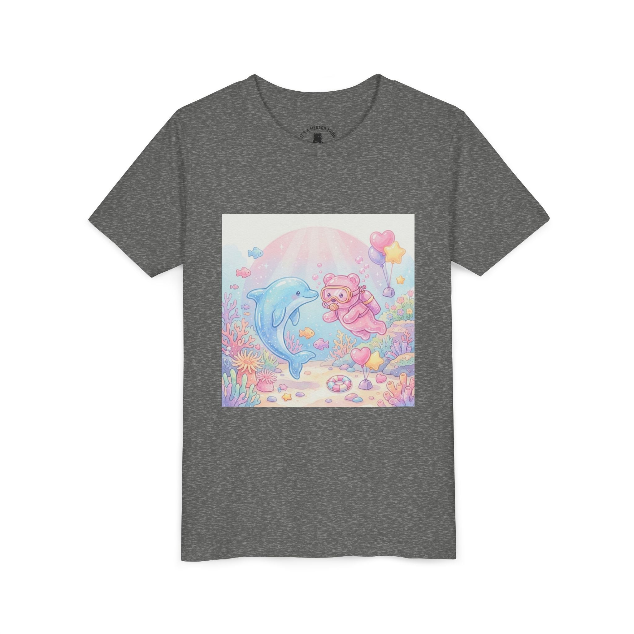 Dolphin & Pink Gooey Gummy Bear Underwater Tee — Pastel Ocean Animal Graphic Shirt