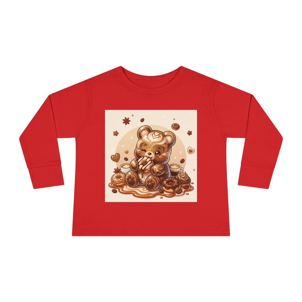 Coffee & Donuts with Chocolate, Oozy Bear Gummy Girls— Kids Illustrated Long Sleeve Shirt