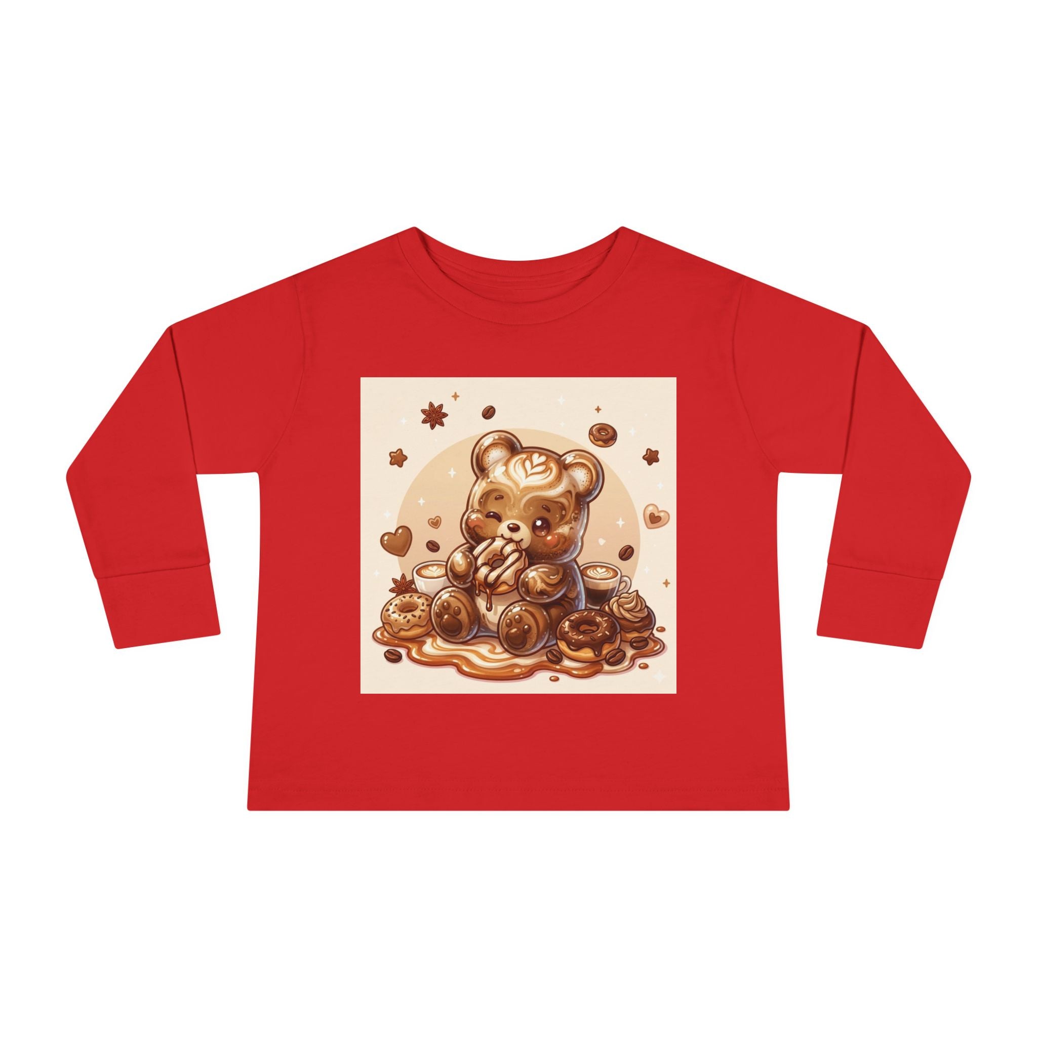 Coffee & Donuts with Chocolate, Oozy Bear Gummy Girls— Kids Illustrated Long Sleeve Shirt