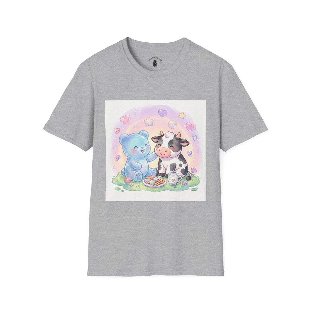 Blue Gooey Gummy Friend sharing Milk & Cookies — Pastel Graphic T-Shirt