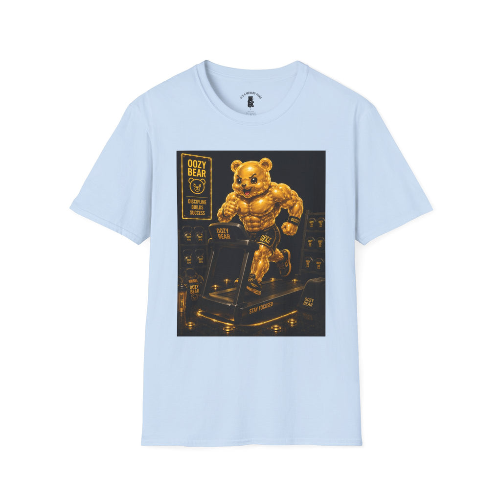 Running The Treadmill, Golden Yellow Oozy Buff Bear Workout- Adult Graphic Shirt