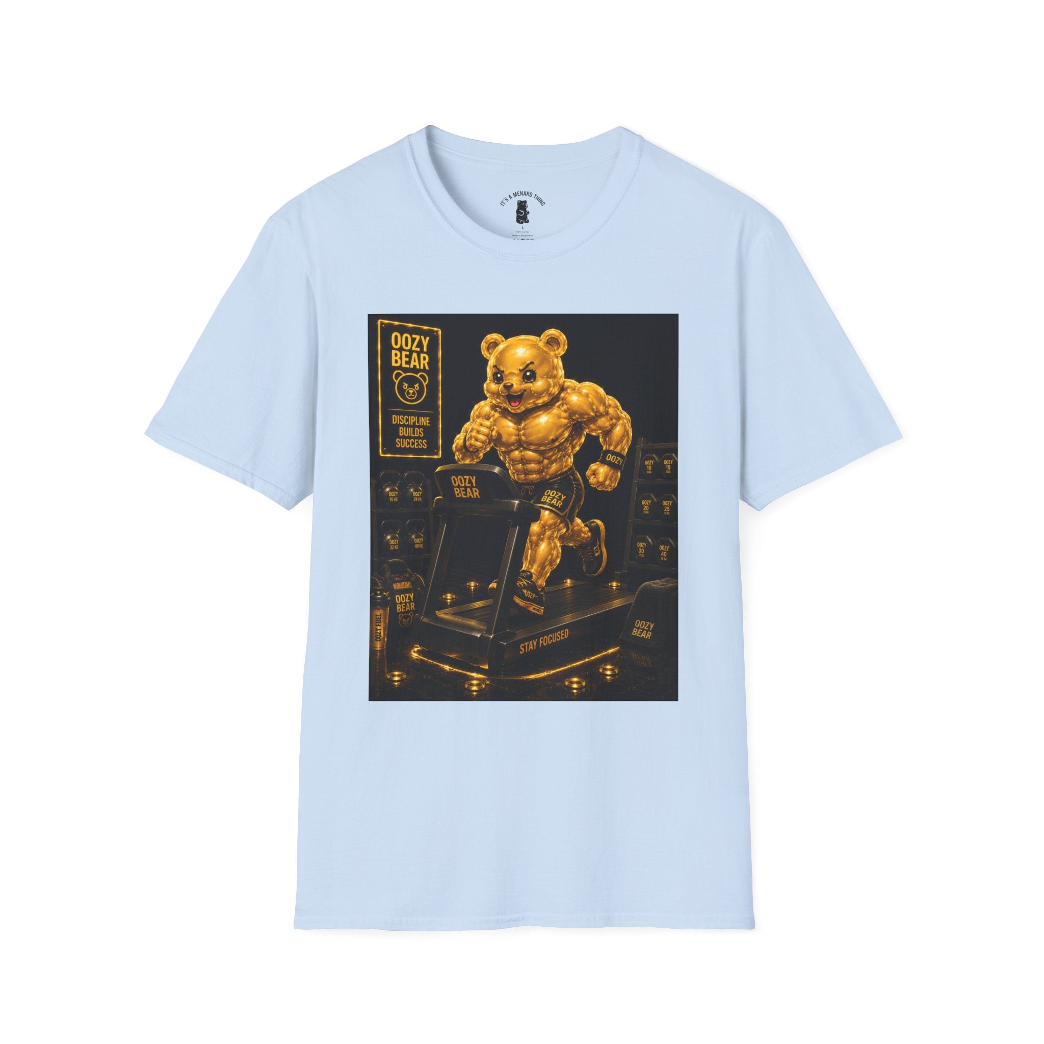 Running The Treadmill, Golden Yellow Oozy Buff Bear Workout- Adult Graphic Shirt