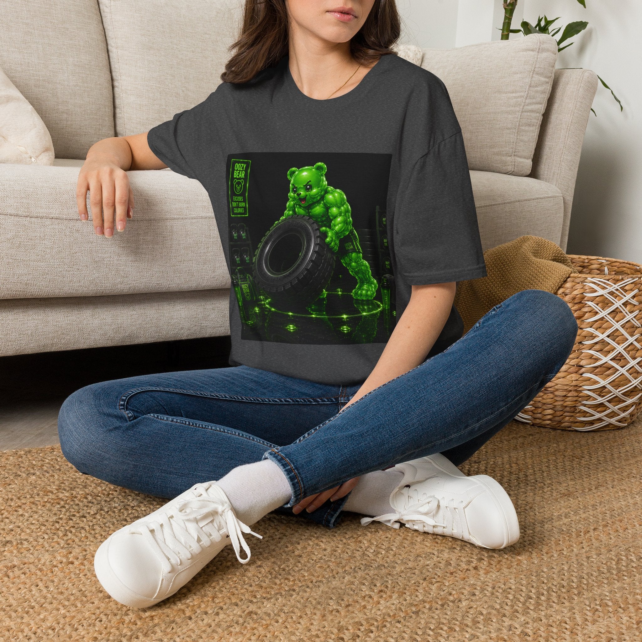Tire Flipping Work Out, Emerald Oozy Buff Bear Gym Addition- Adult Graphic Shirt