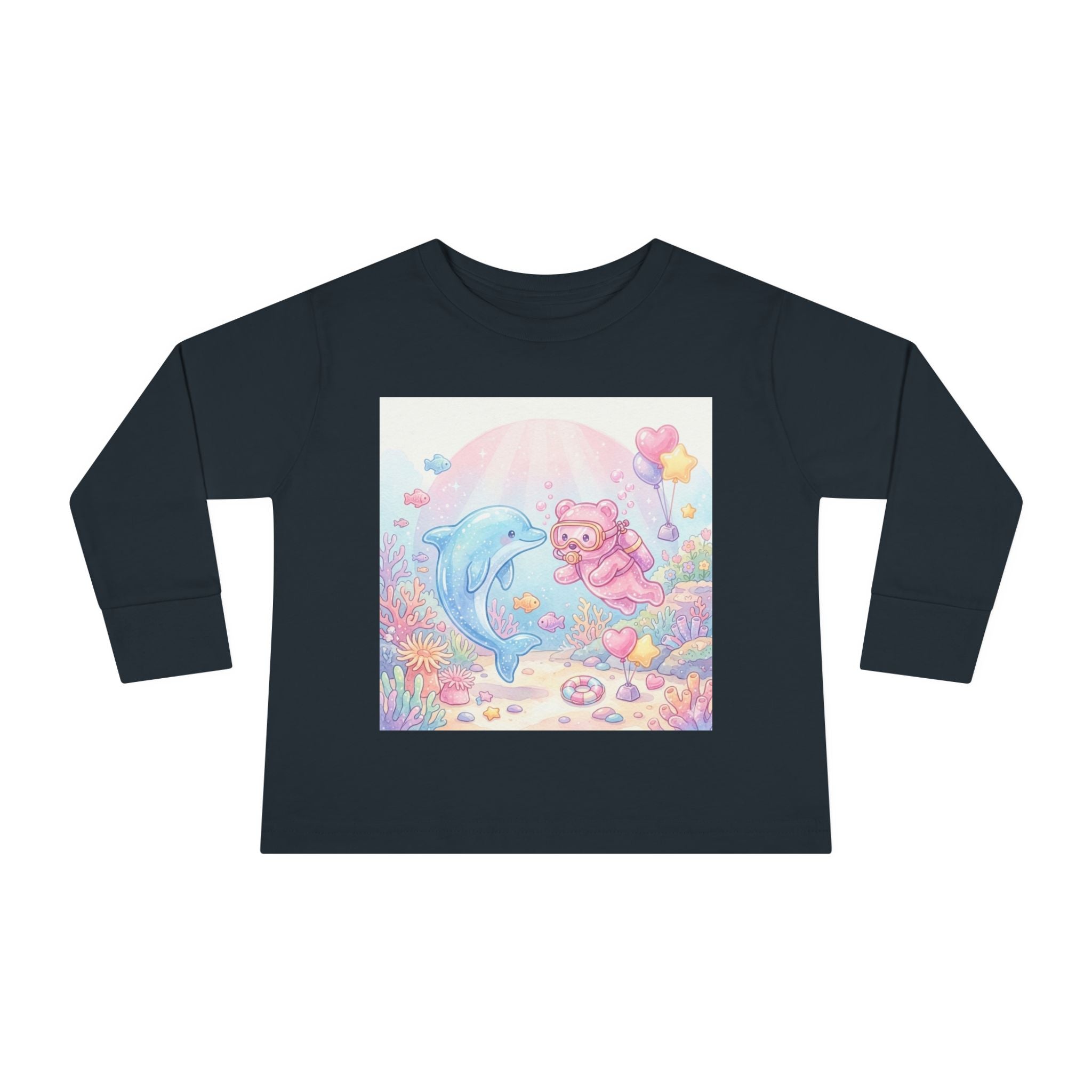 Cute Dolphin & Scuba Oozy Bear Pastel Underwater Friends- Graphic Long Sleeve Shirt