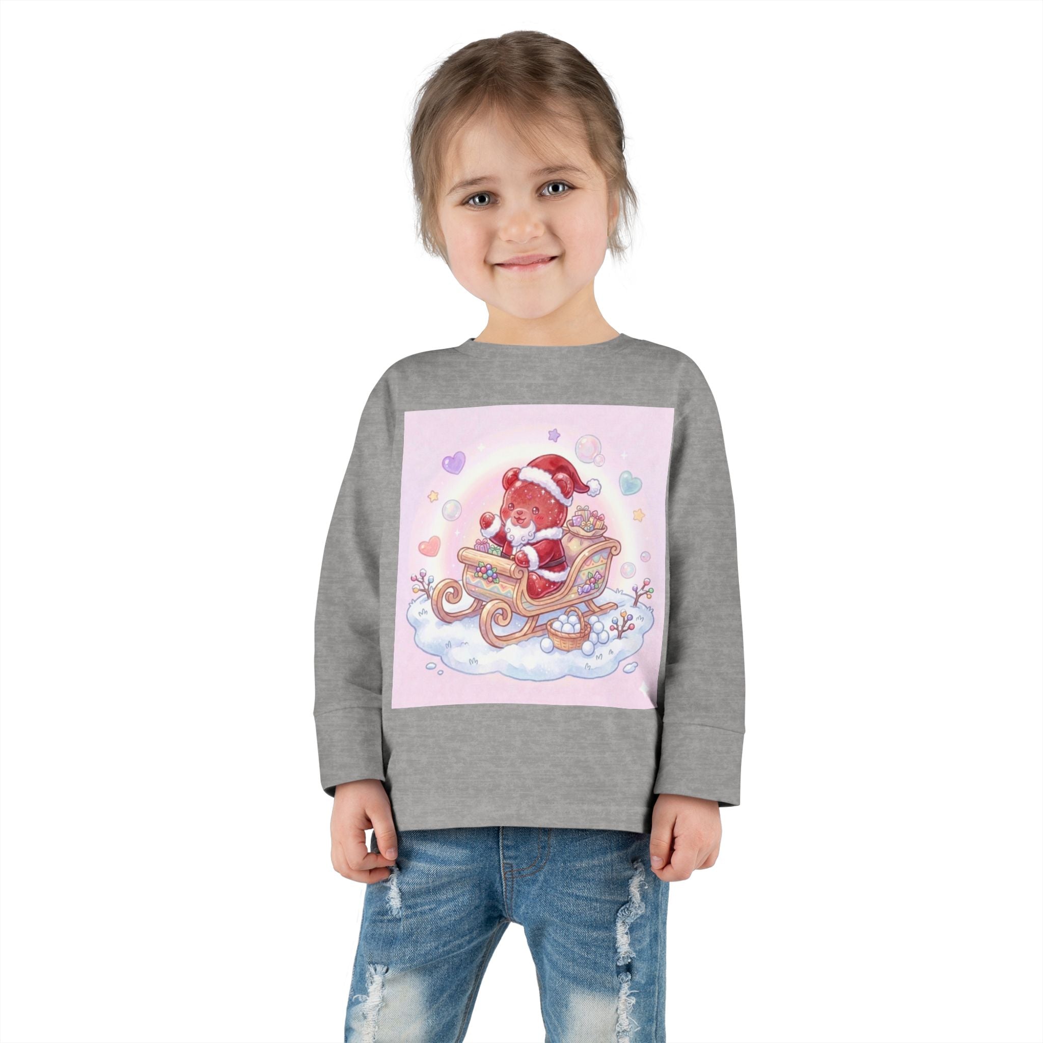 Cute Santa Oozy Bear in Sleigh Christmas- Graphic Long Sleeve Shirt