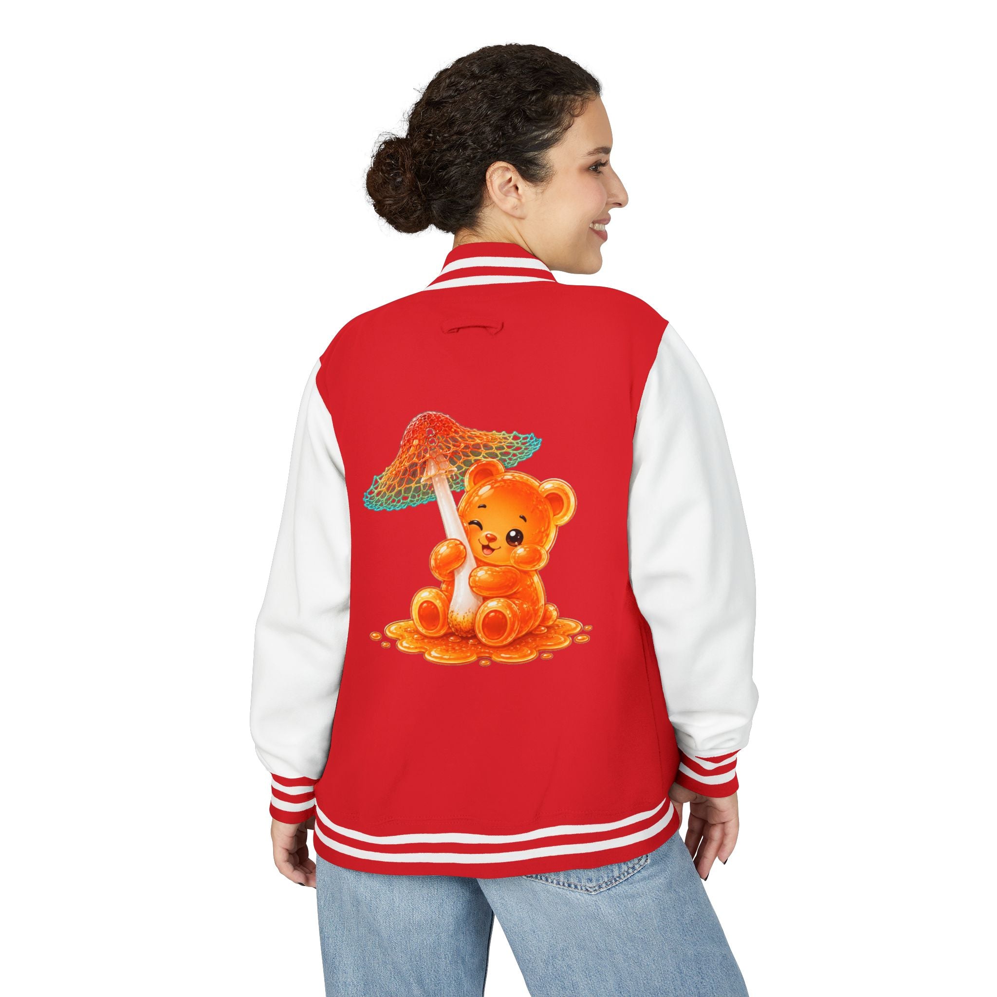 Pretty Orange and Teal Mushroom, Gooey Gummy Bear Friend — Kawaii Graphic Varsity Jacket