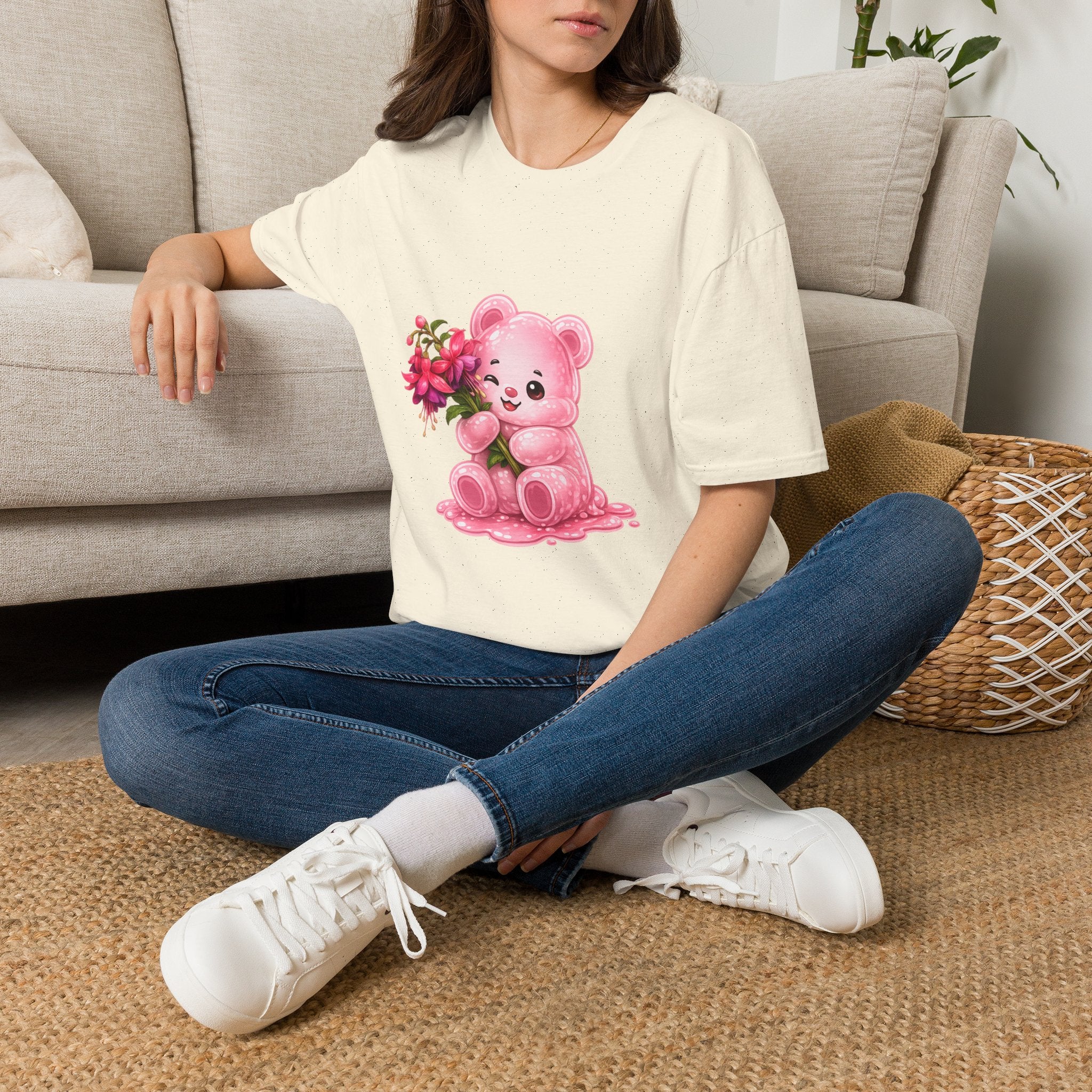 Tropical Pink Flowers, Pretty Pale Oozy Bear Friend- Graphic Shirt