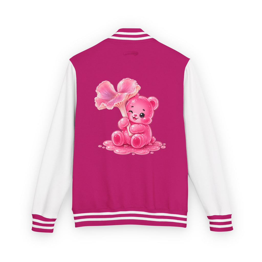 Pink Wax Cap Mushroom, Gooey Gummy Bear Friend — Kawaii Graphic Varsity Jacket