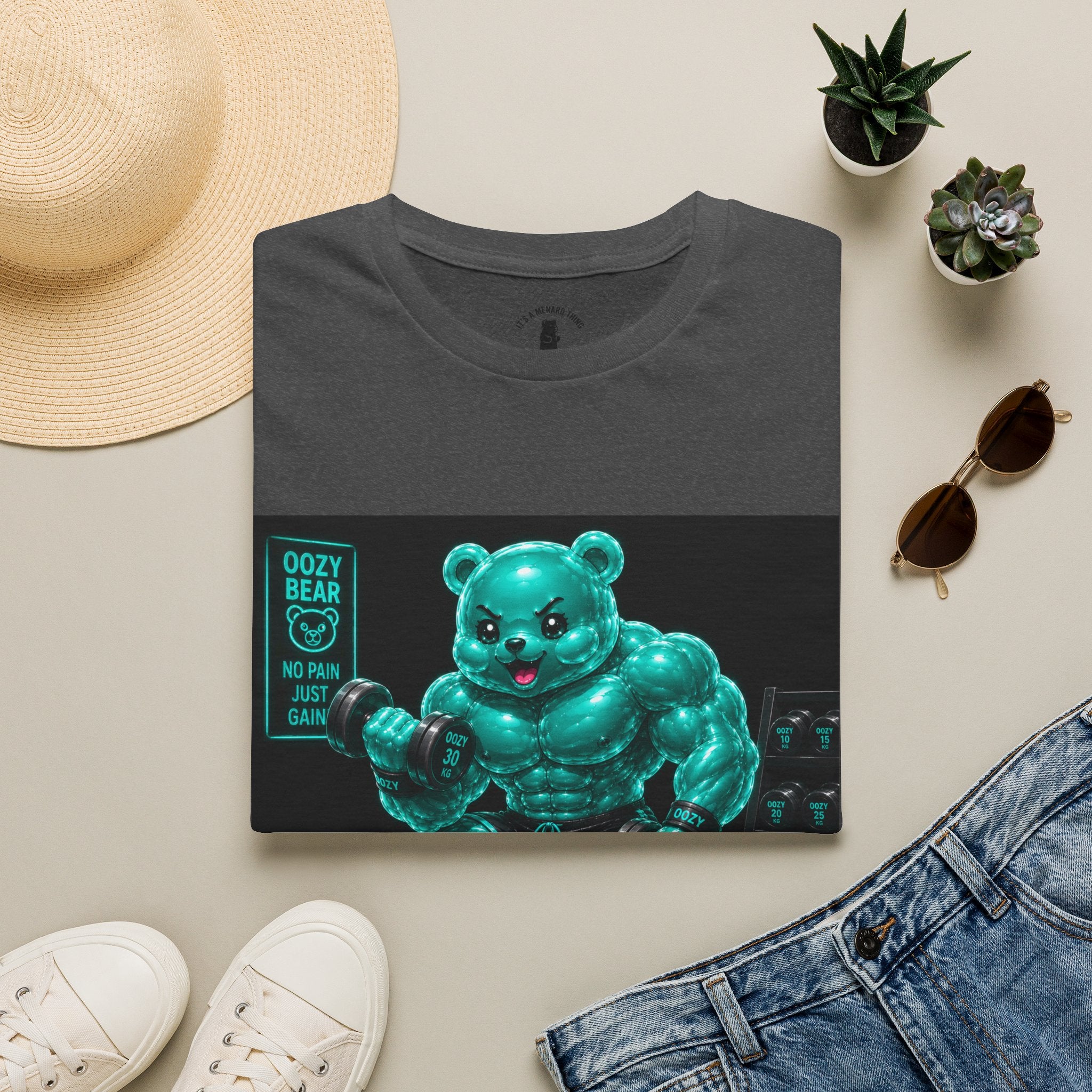 Working Out, Teal Oozy Buff Bear Gummy Gym Addition- Adult Graphic Shirt