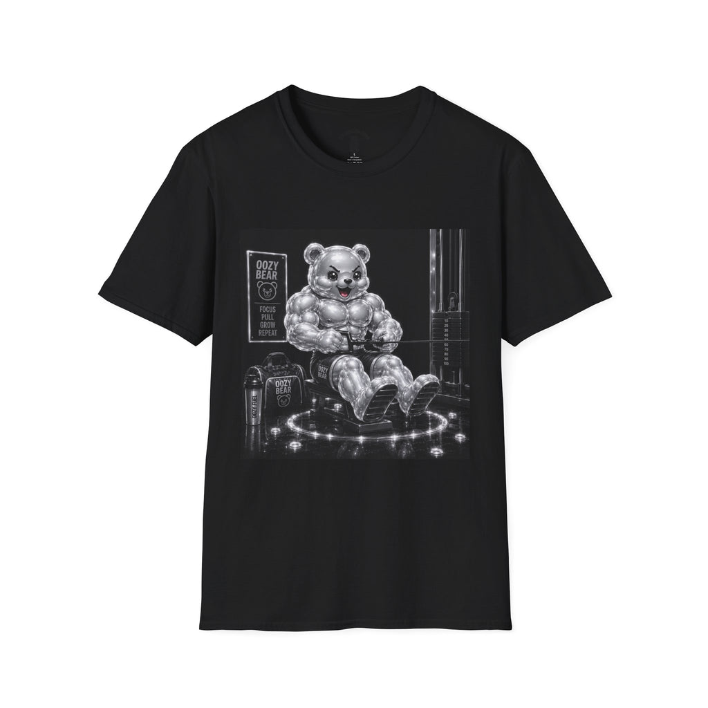 Working on the Bench, Silver Oozy Buff Bear Gummy Gym Addition- Adult Graphic Shirt
