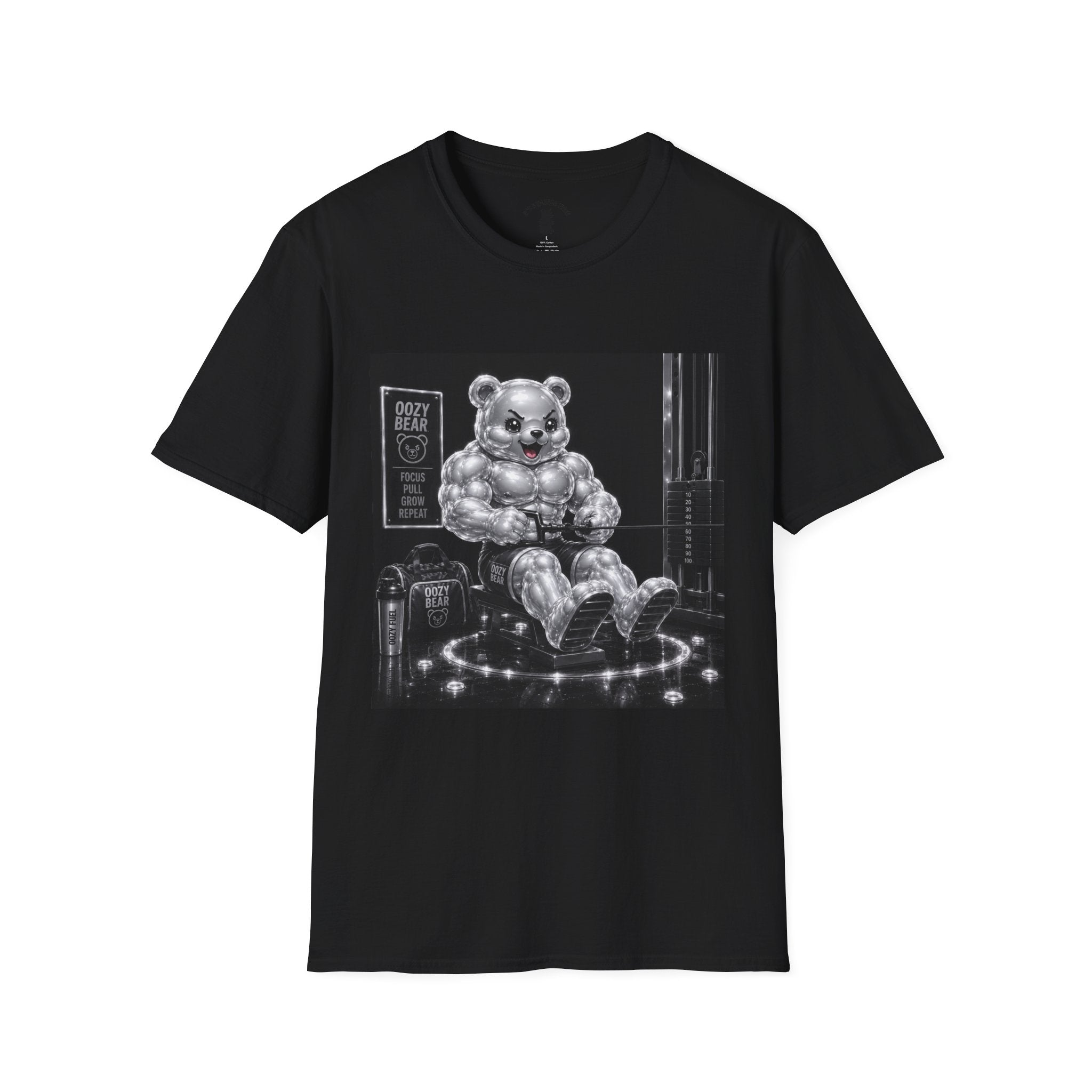 Working on the Bench, Silver Oozy Buff Bear Gummy Gym Addition- Adult Graphic Shirt