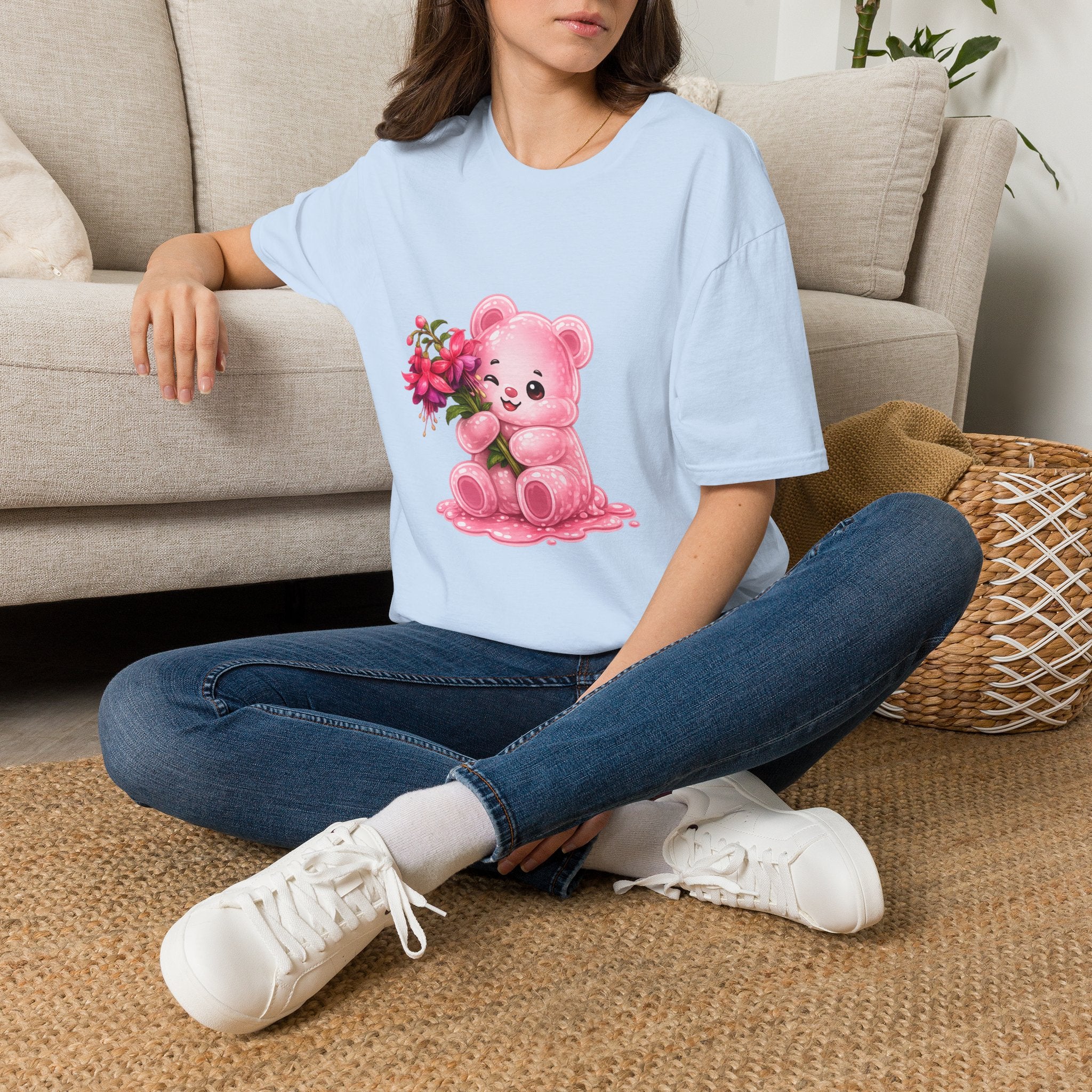 Tropical Pink Flowers, Pretty Pale Oozy Bear Friend- Graphic Shirt