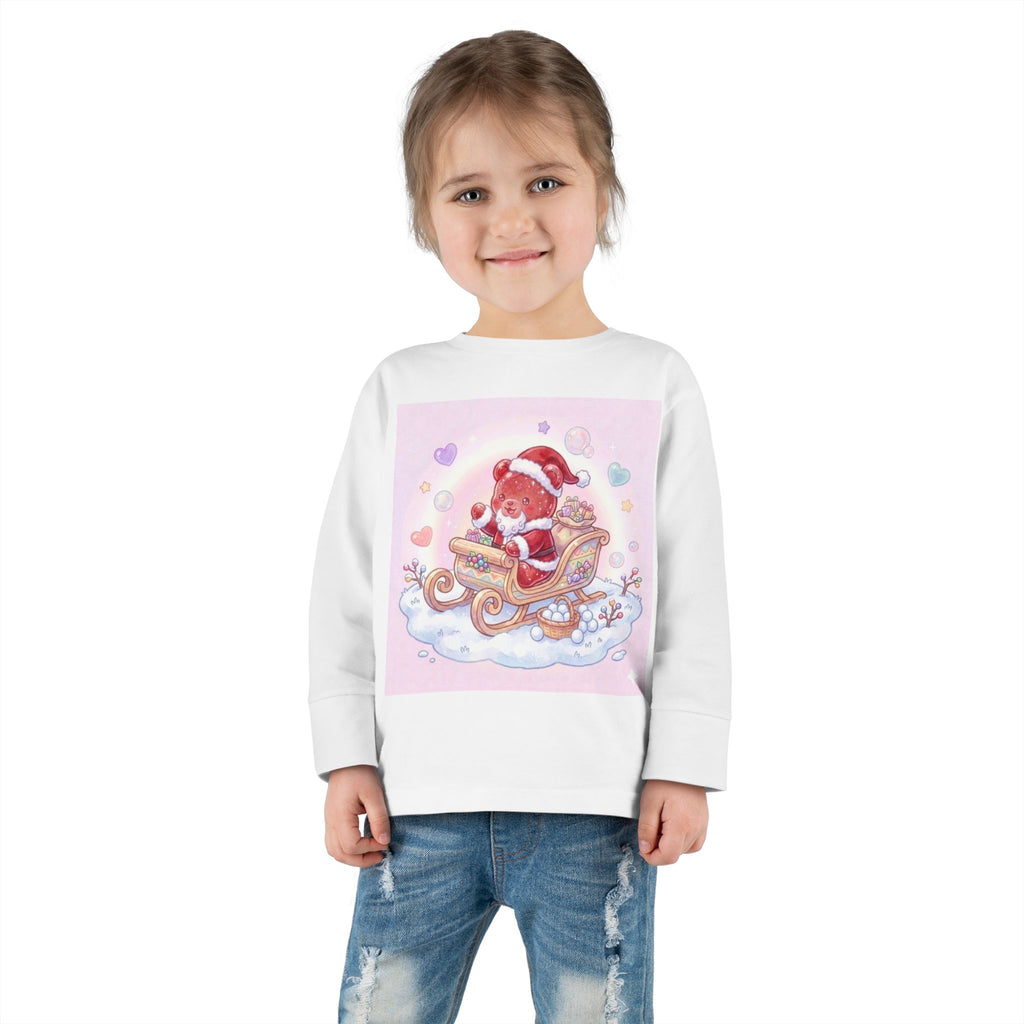 Cute Santa Oozy Bear in Sleigh Christmas- Graphic Long Sleeve Shirt